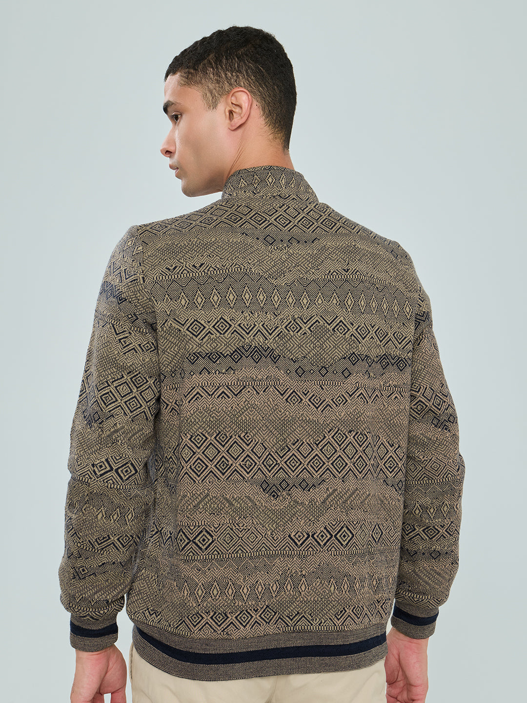 Men Brown Self Design Turtle Neck Full Sleeve Knitted Jacket