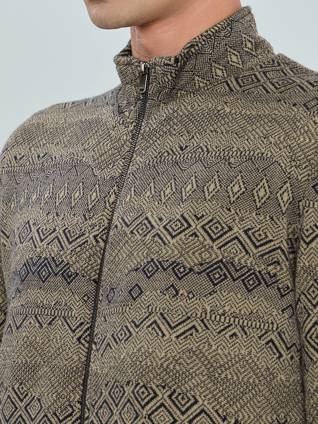Men Brown Self Design Turtle Neck Full Sleeve Knitted Jacket
