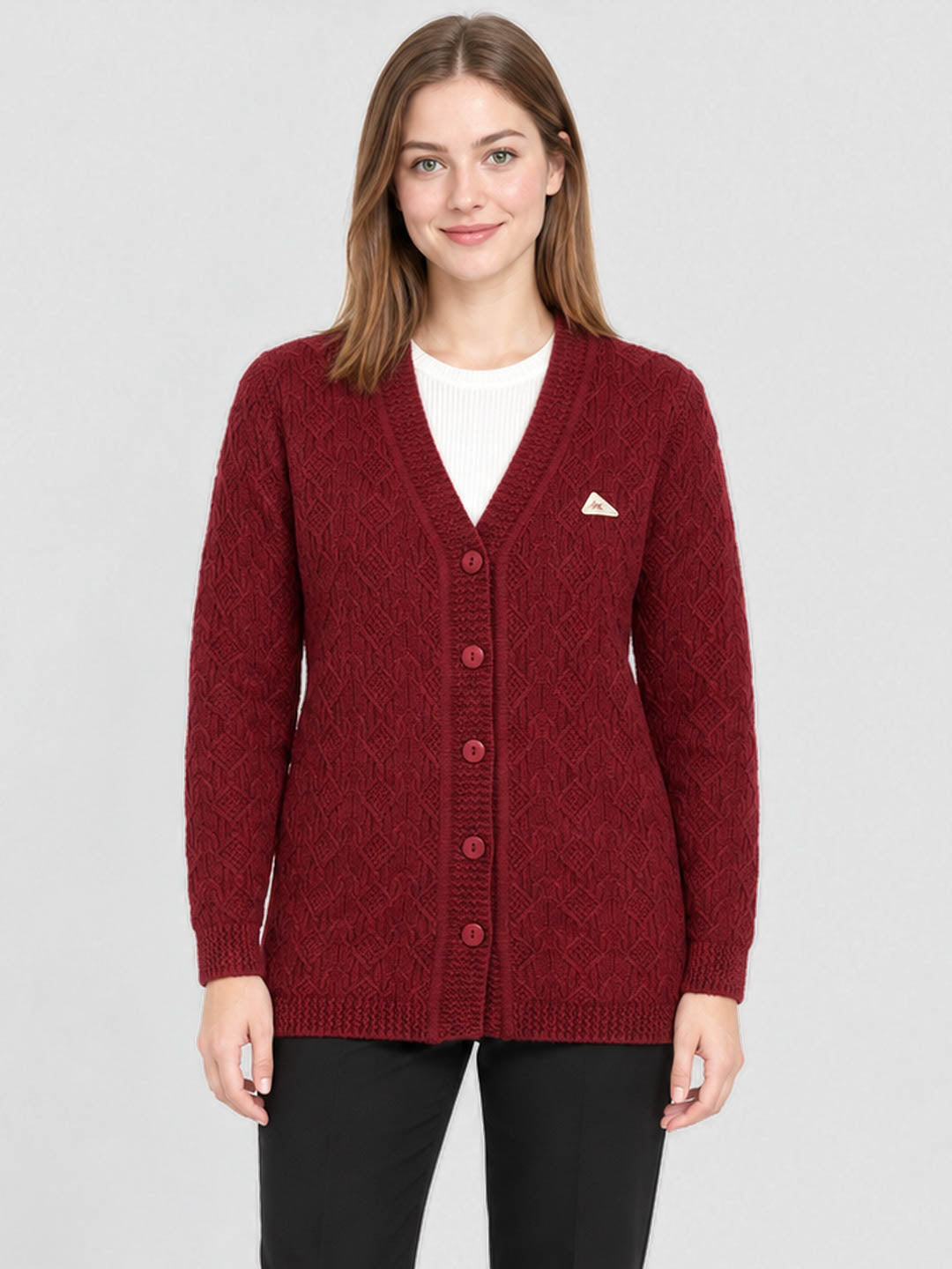 Women Red Self Design V Neck Full Sleeve Cardigan