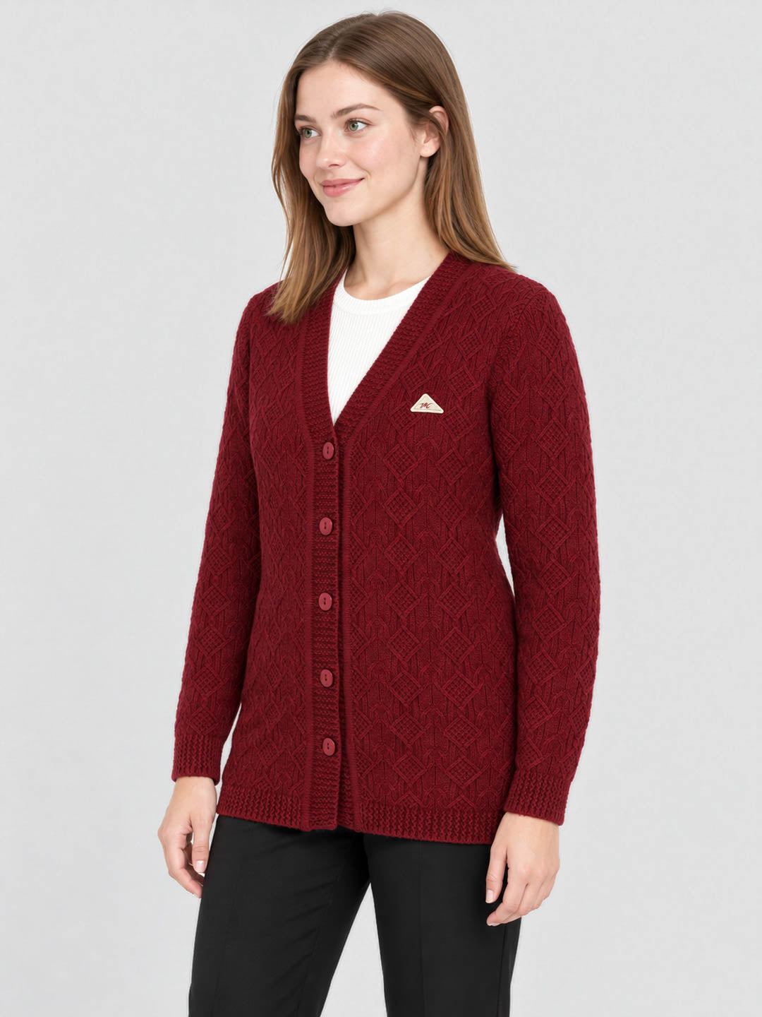 Women Red Self Design V Neck Full Sleeve Cardigan