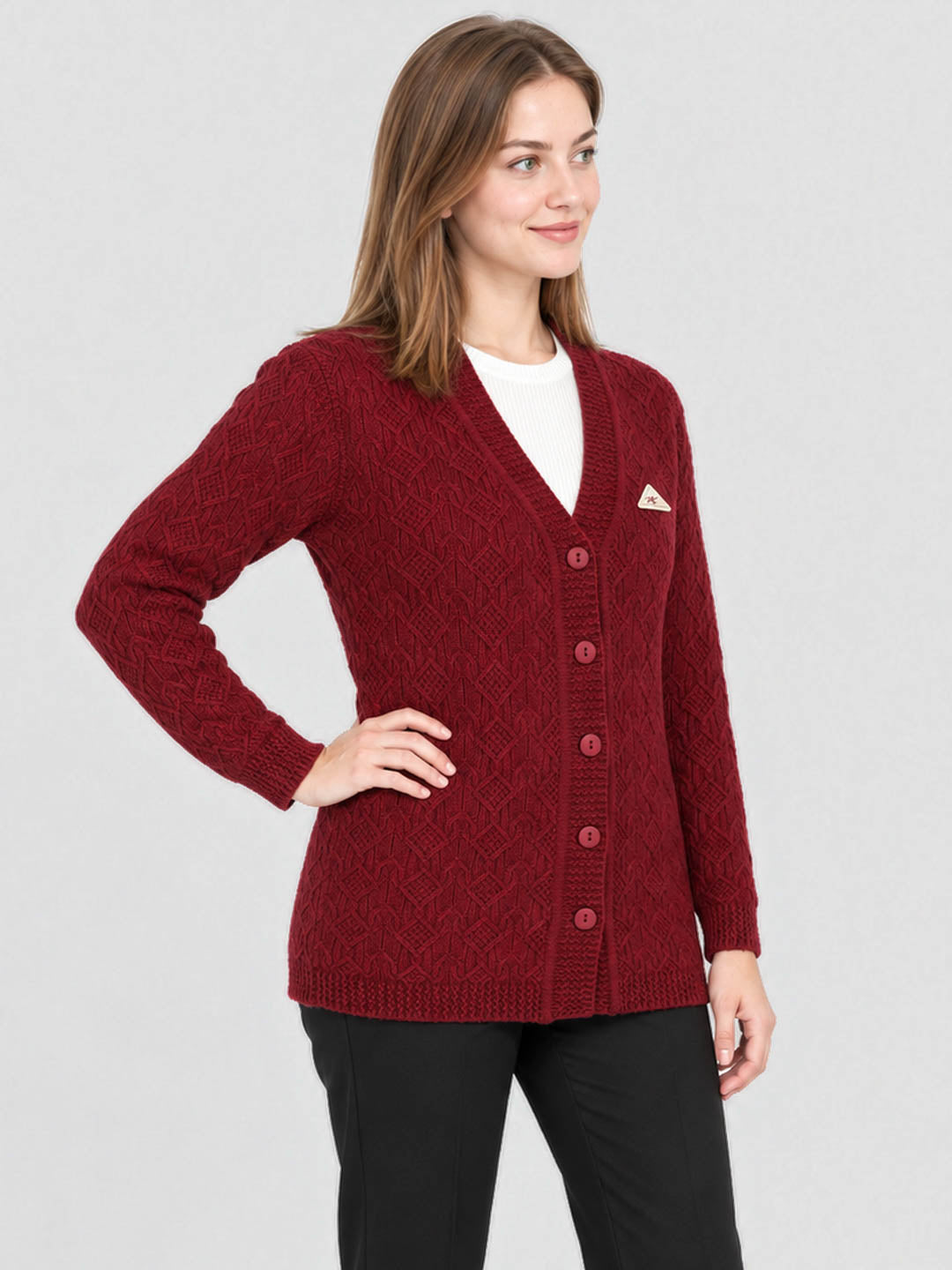 Women Red Self Design V Neck Full Sleeve Cardigan