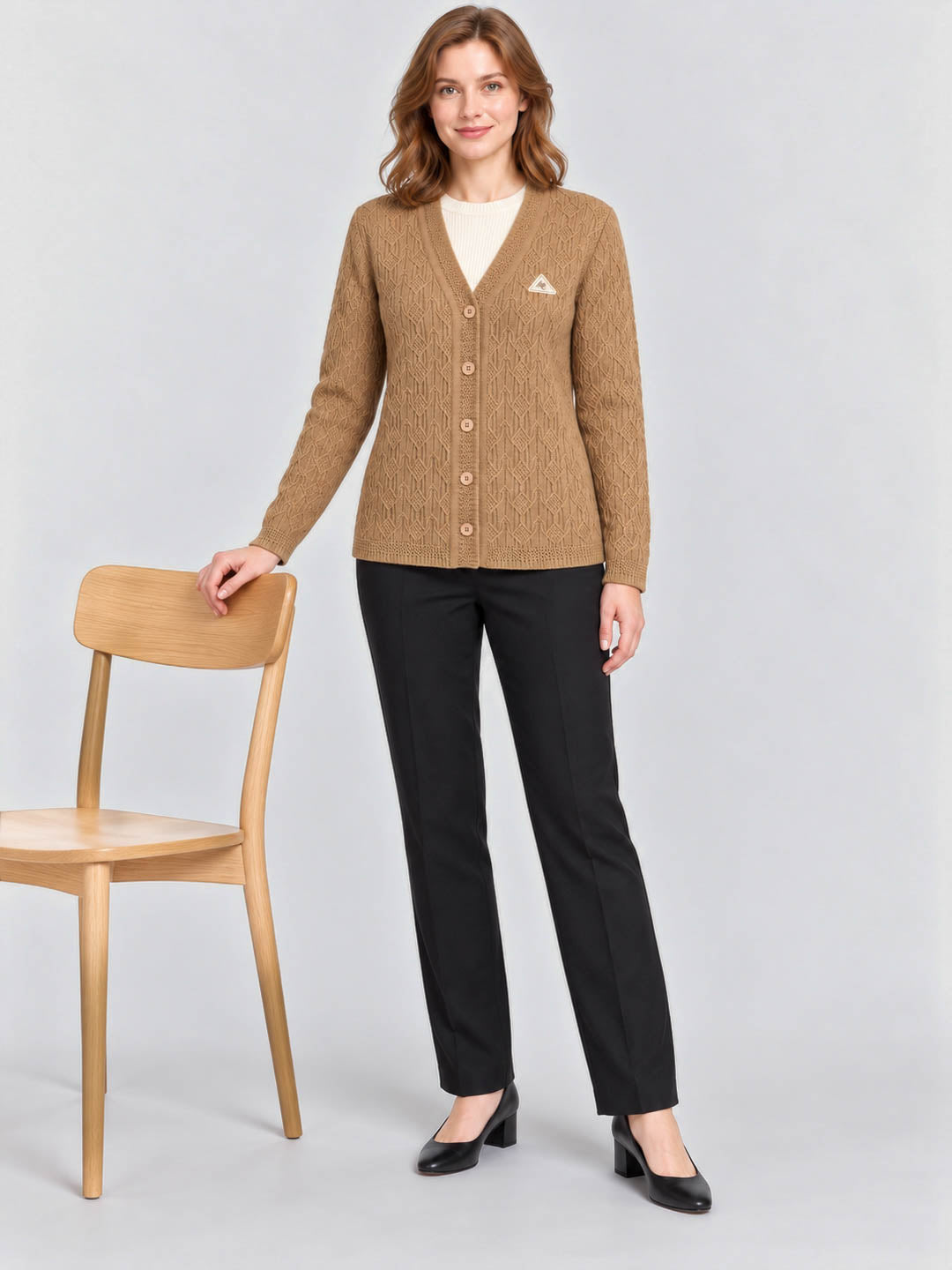 Women Camel Brown Self Design V Neck Full Sleeve Cardigan