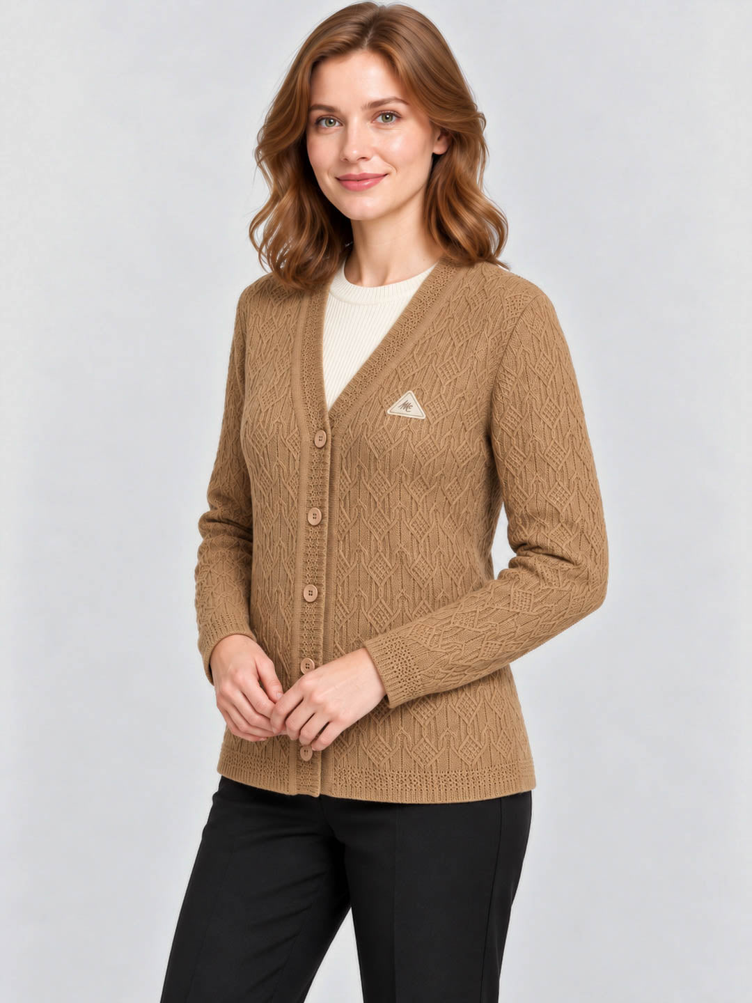 Women Camel Brown Self Design V Neck Full Sleeve Cardigan
