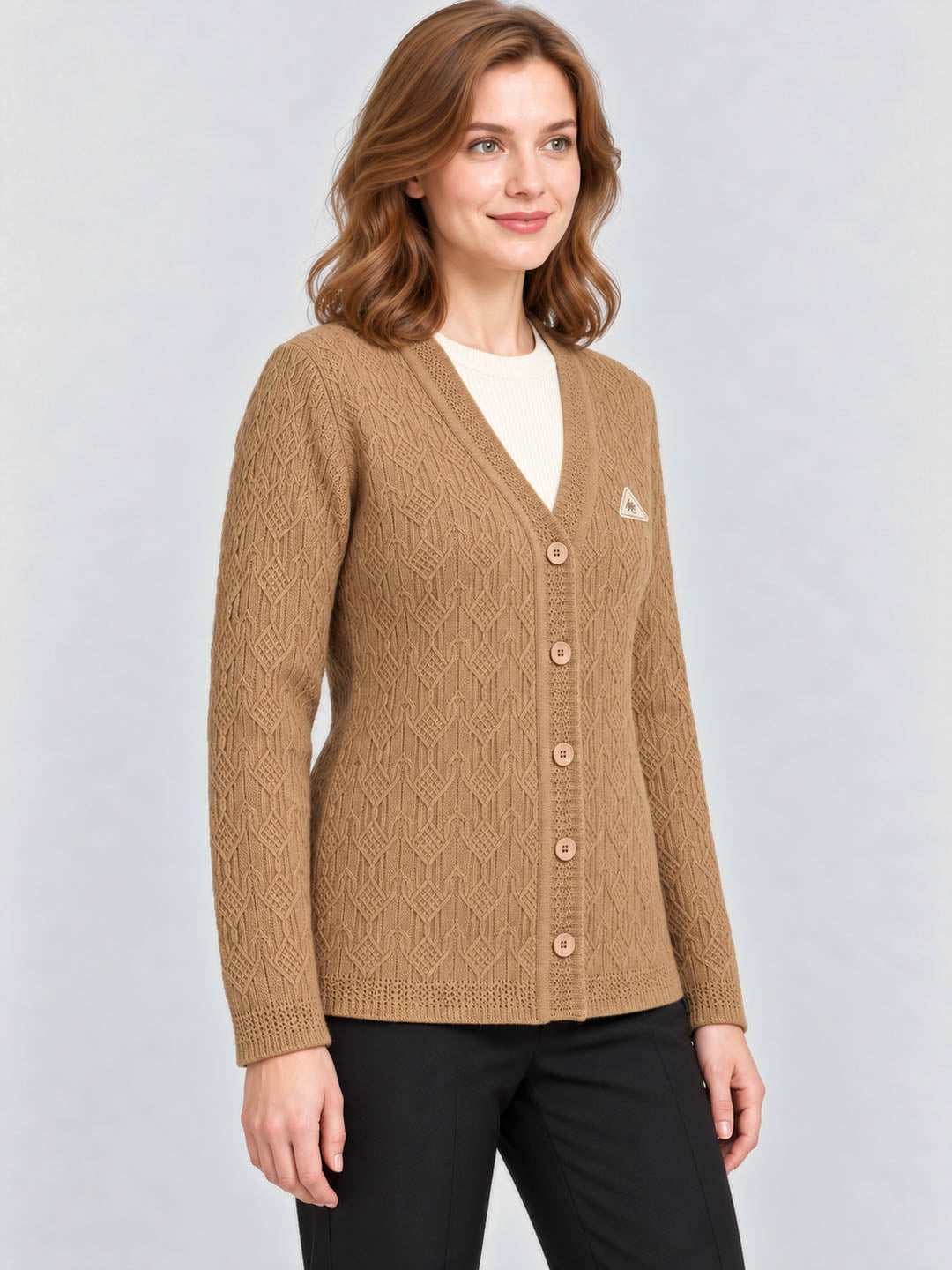 Women Camel Brown Self Design V Neck Full Sleeve Cardigan