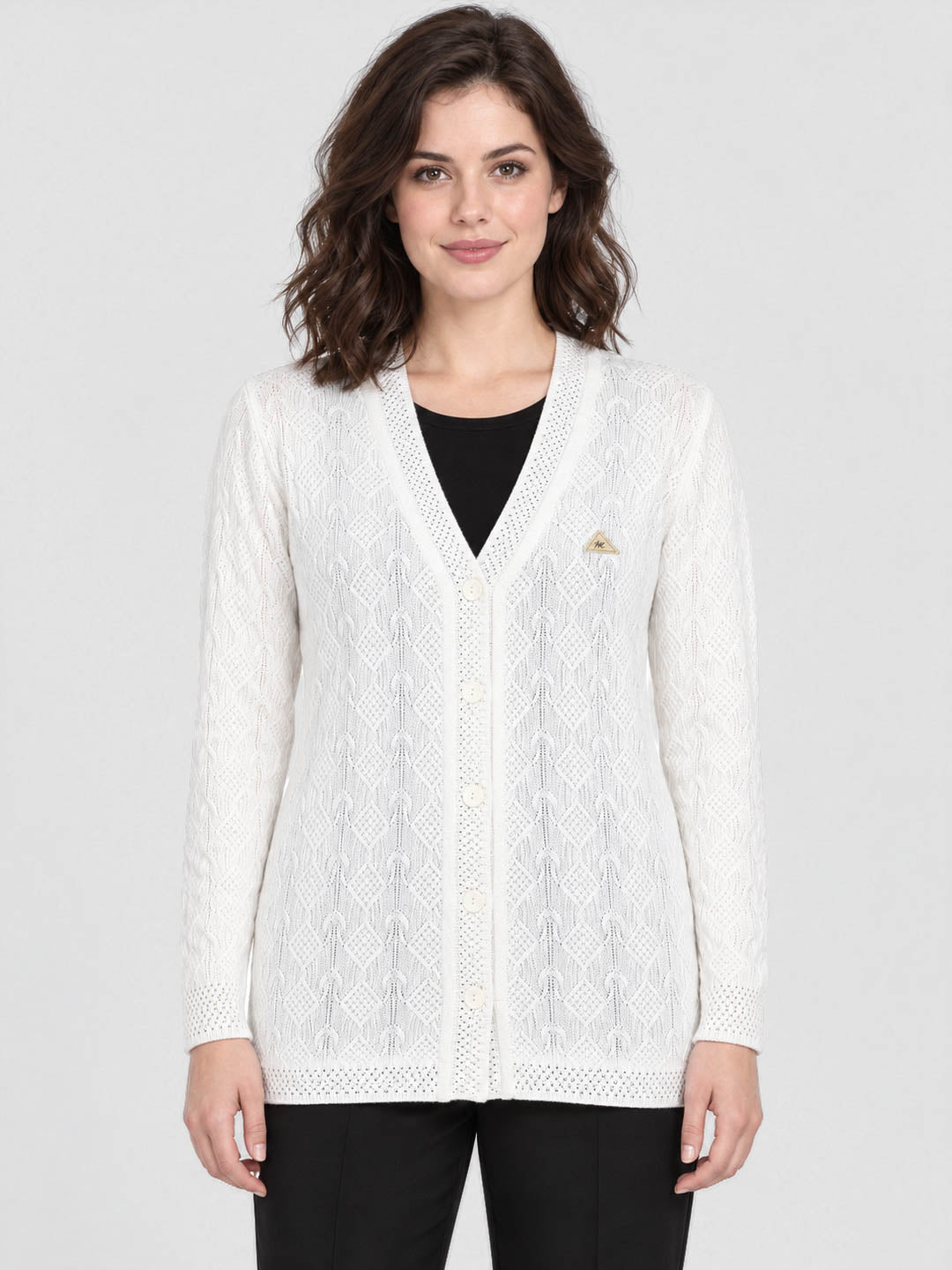 Women Off White Self Design V Neck Full Sleeve Cardigan