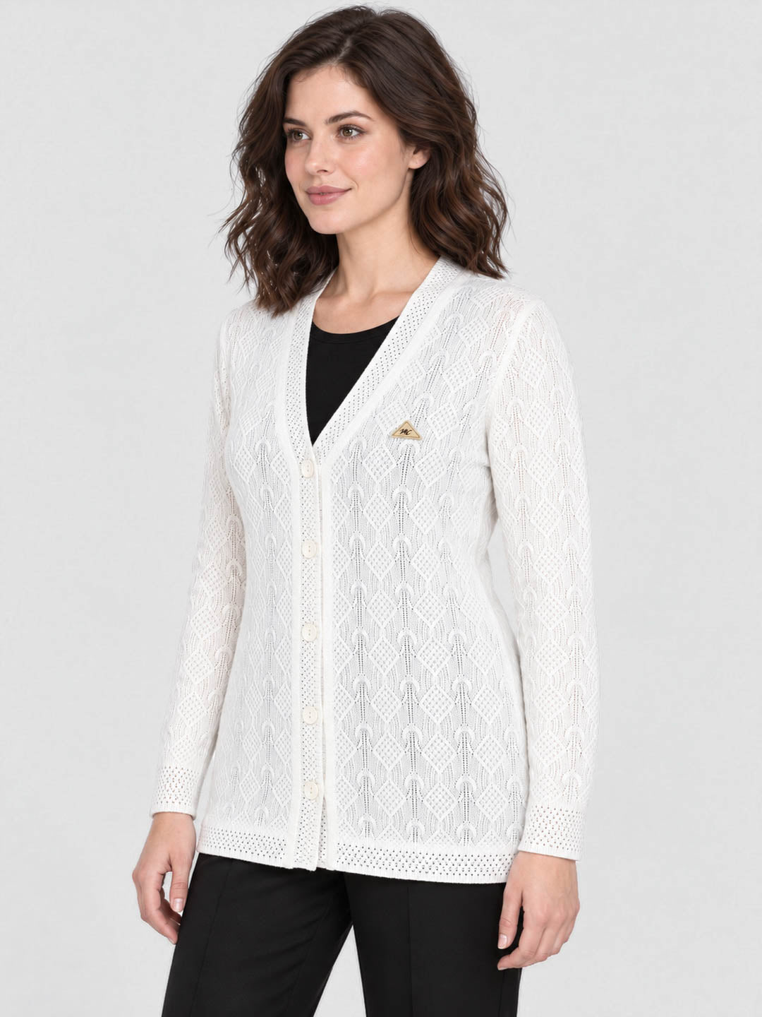 Women Off White Self Design V Neck Full Sleeve Cardigan