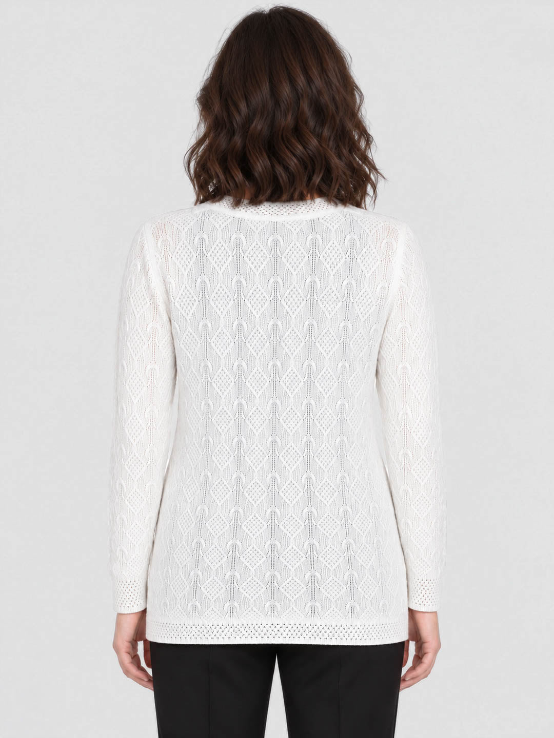 Women Off White Self Design V Neck Full Sleeve Cardigan