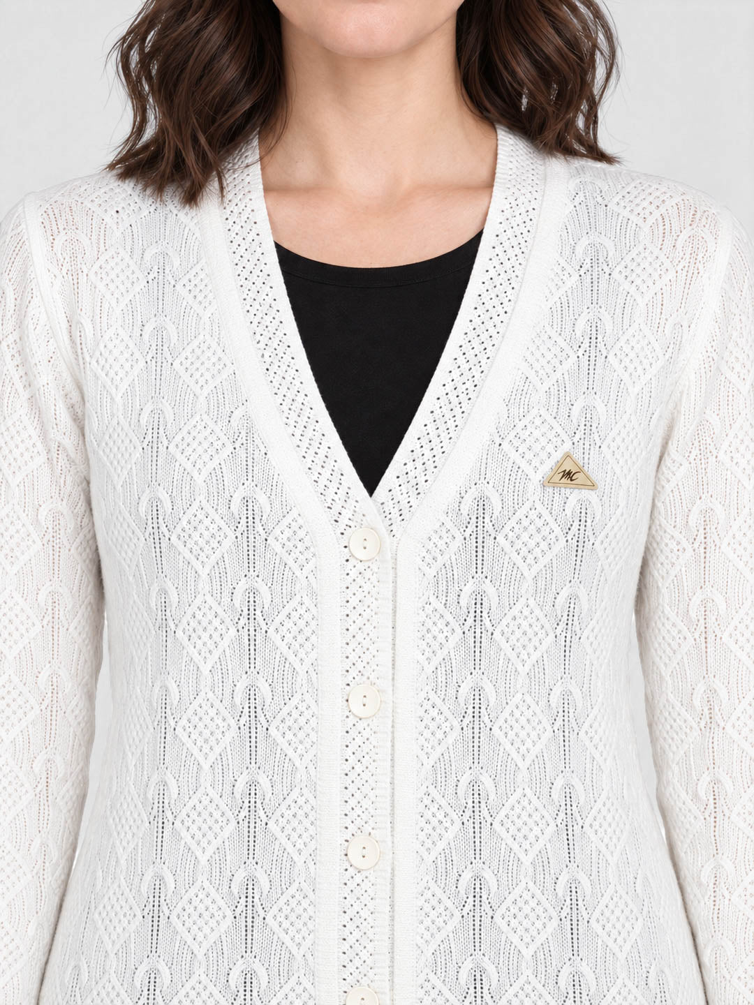 Women Off White Self Design V Neck Full Sleeve Cardigan