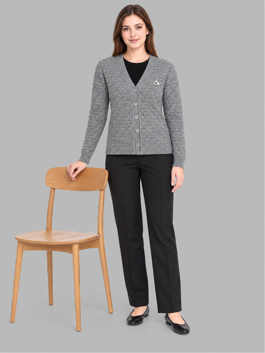 Women Grey Self Design V Neck Full Sleeve Cardigan