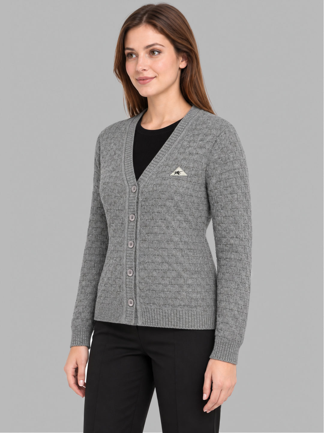Women Grey Self Design V Neck Full Sleeve Cardigan