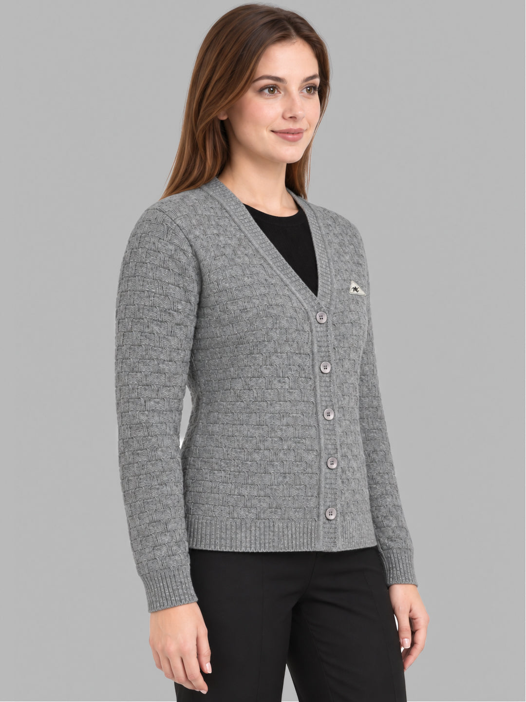 Women Grey Self Design V Neck Full Sleeve Cardigan