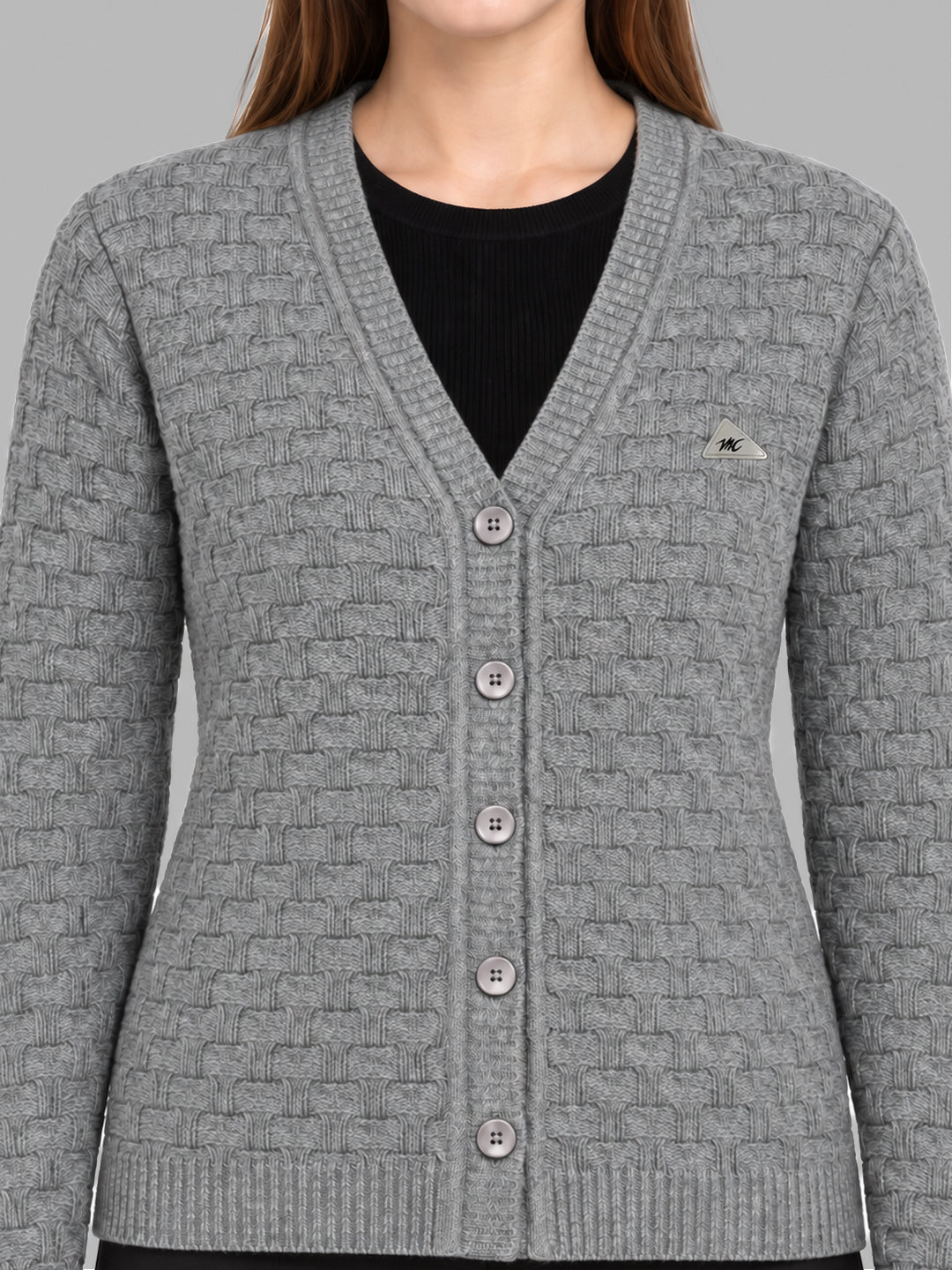 Women Grey Self Design V Neck Full Sleeve Cardigan