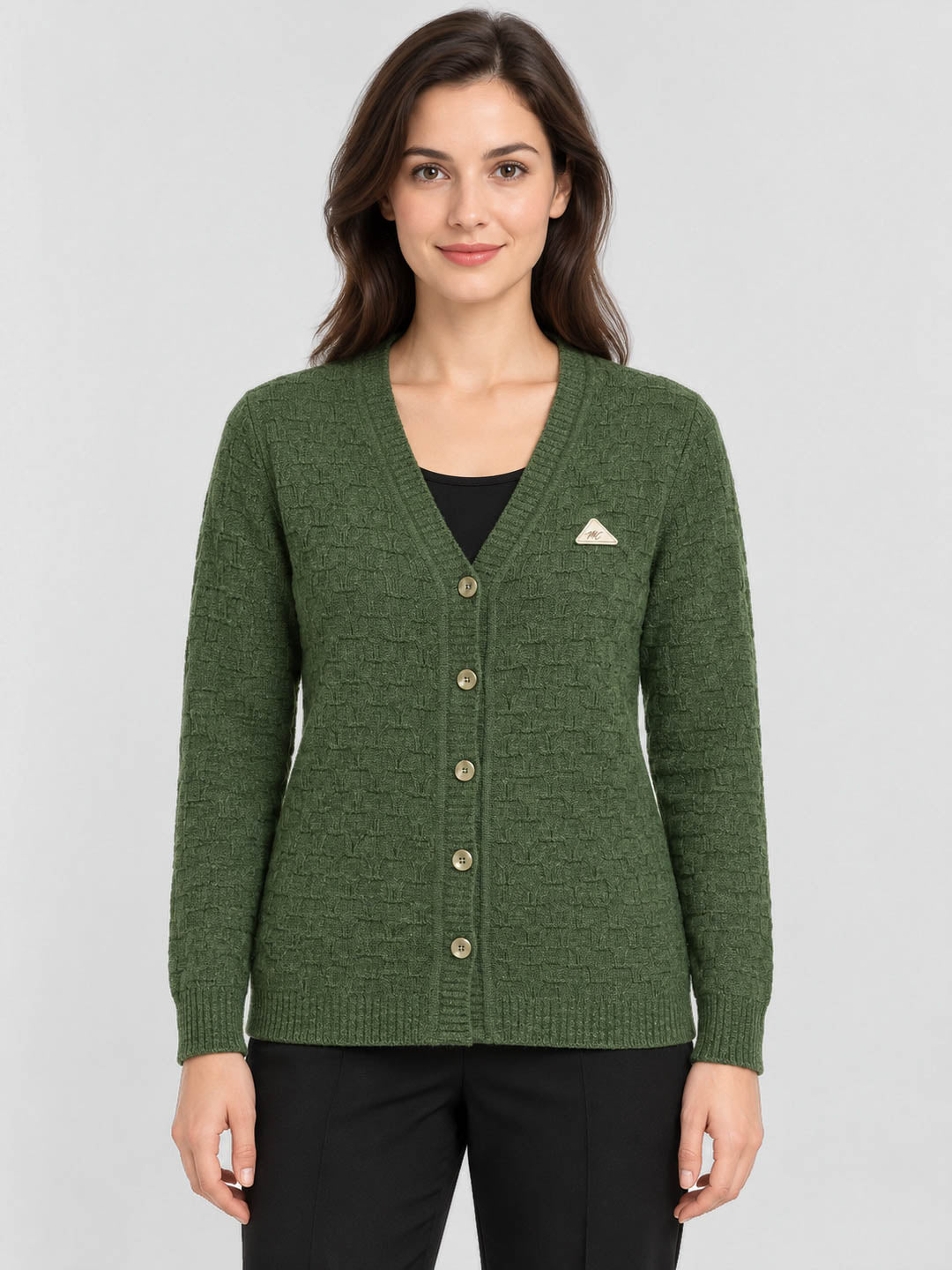 Women Green Self Design V Neck Full Sleeve Cardigan