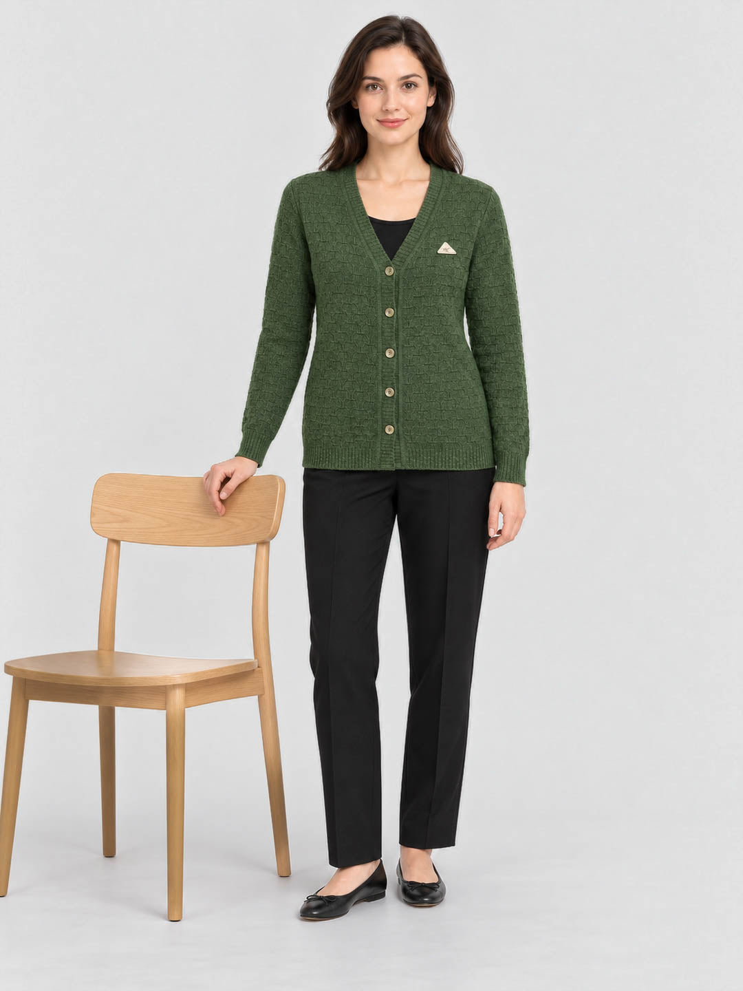 Women Green Self Design V Neck Full Sleeve Cardigan