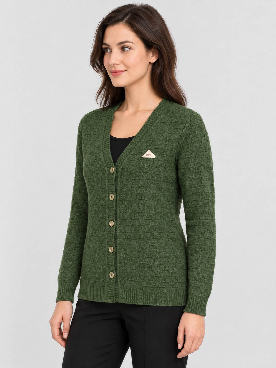 Women Green Self Design V Neck Full Sleeve Cardigan