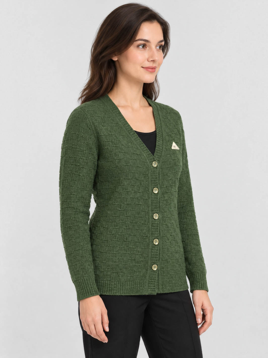 Women Green Self Design V Neck Full Sleeve Cardigan