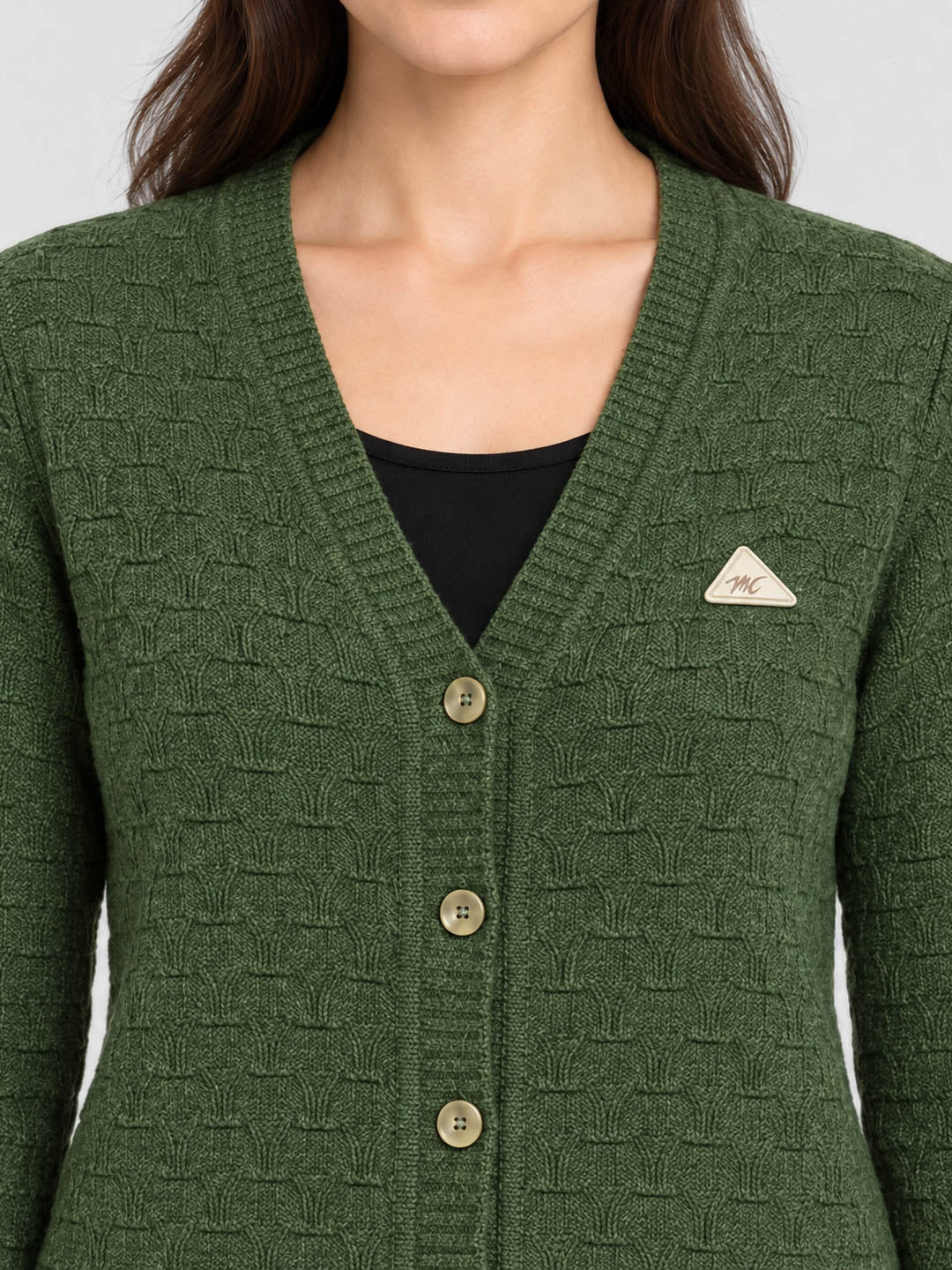 Women Green Self Design V Neck Full Sleeve Cardigan