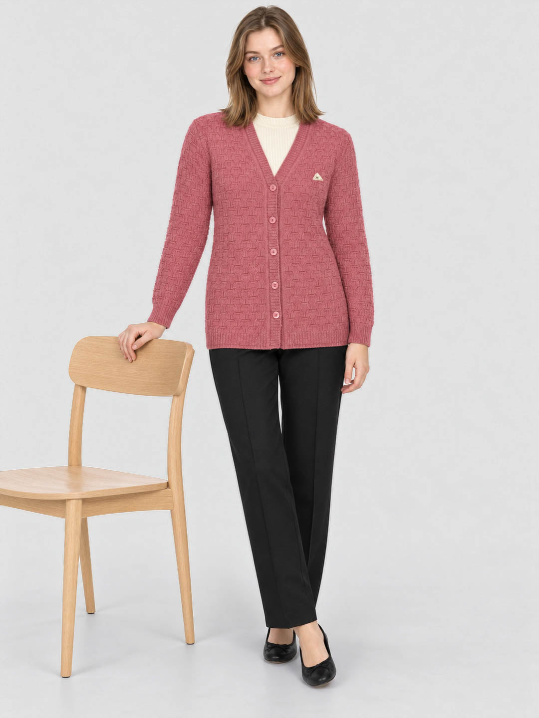Women Pink Self Design V Neck Full Sleeve Cardigan