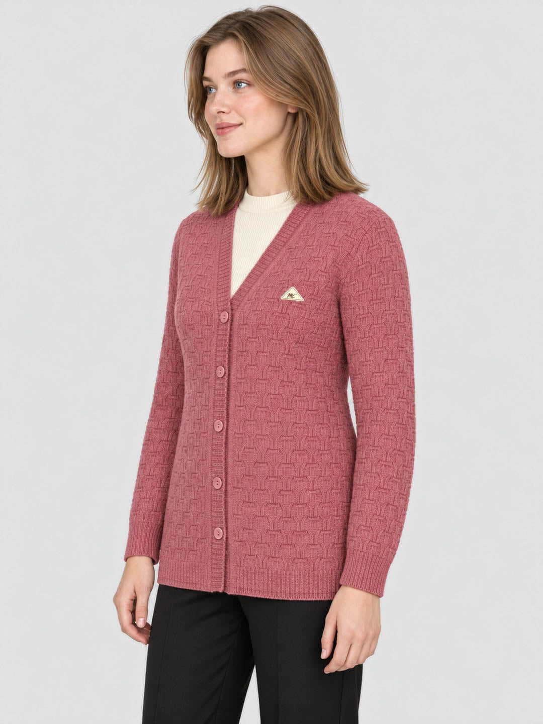 Women Pink Self Design V Neck Full Sleeve Cardigan