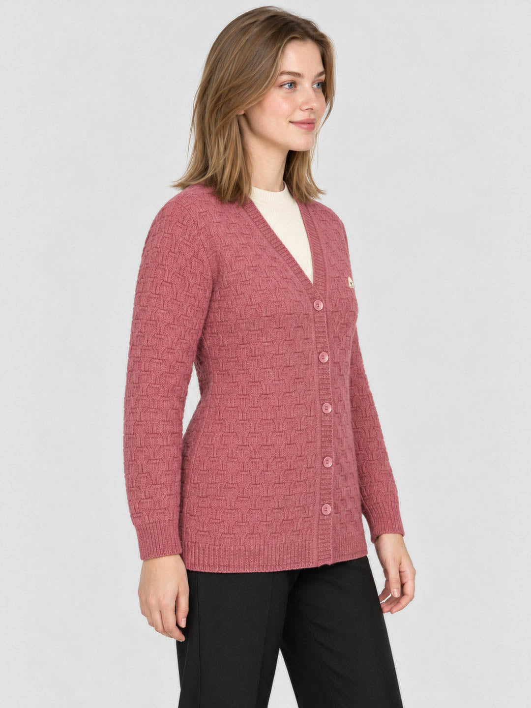 Women Pink Self Design V Neck Full Sleeve Cardigan
