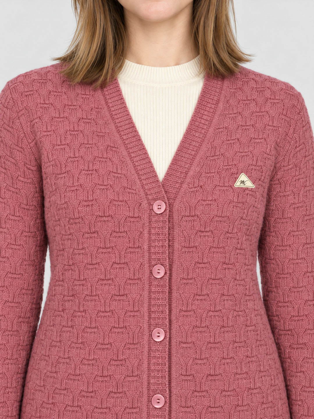 Women Pink Self Design V Neck Full Sleeve Cardigan