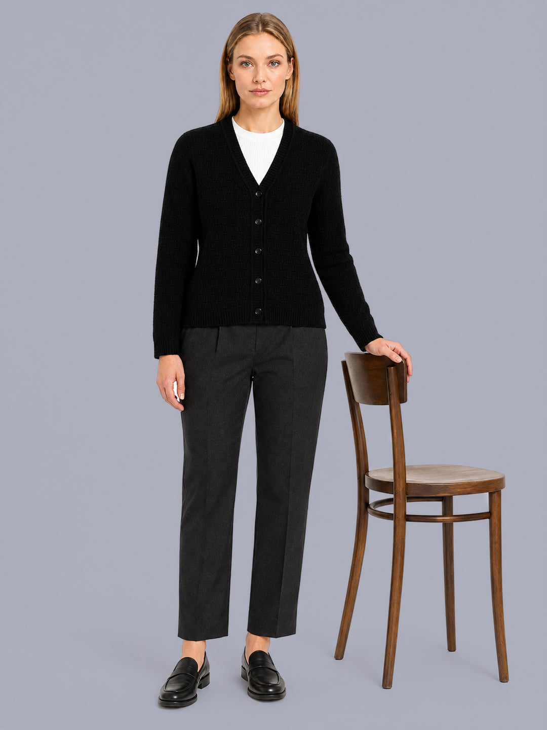 Women Black Self Design V Neck Full Sleeve Cardigan