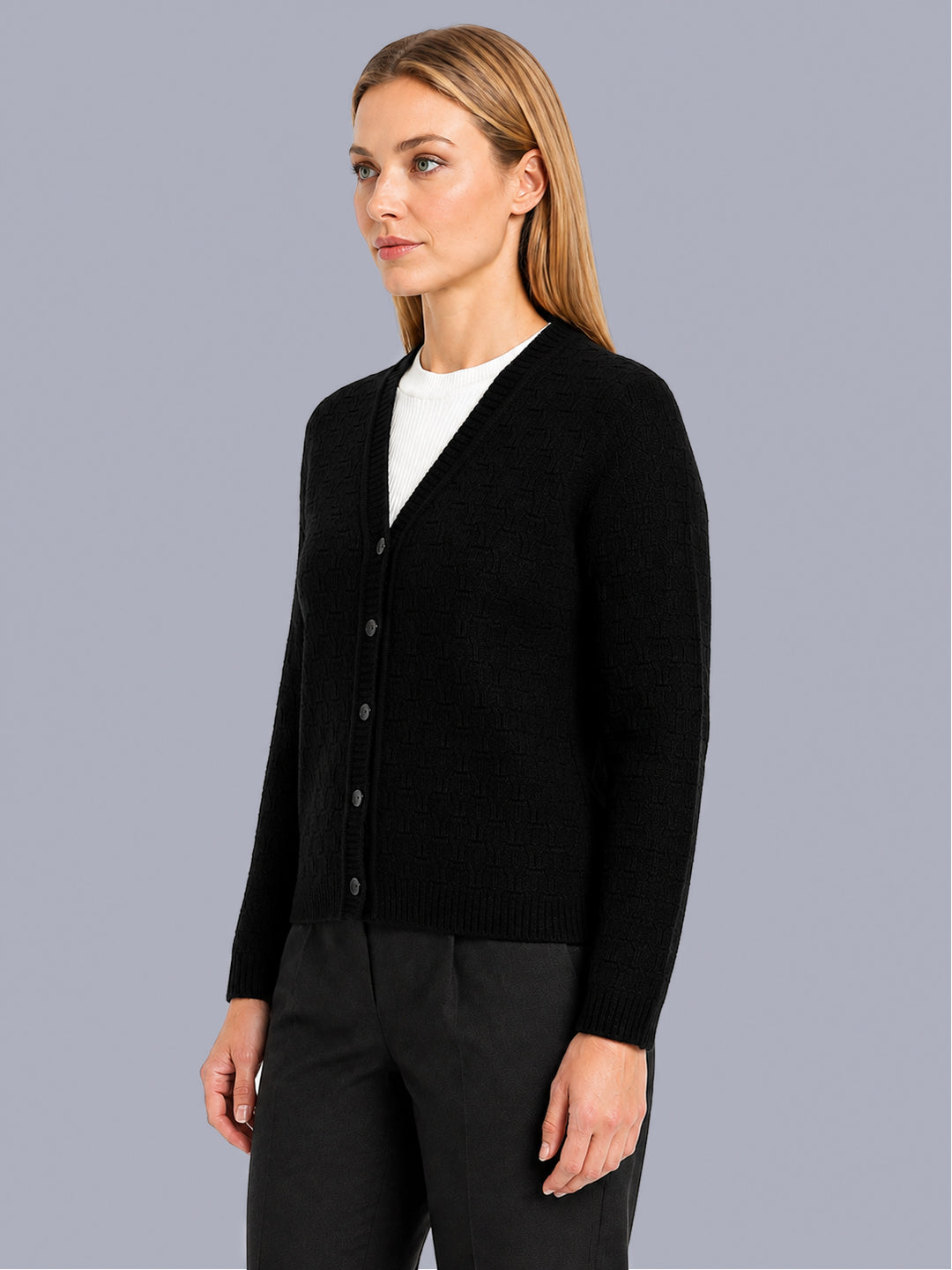 Women Black Self Design V Neck Full Sleeve Cardigan