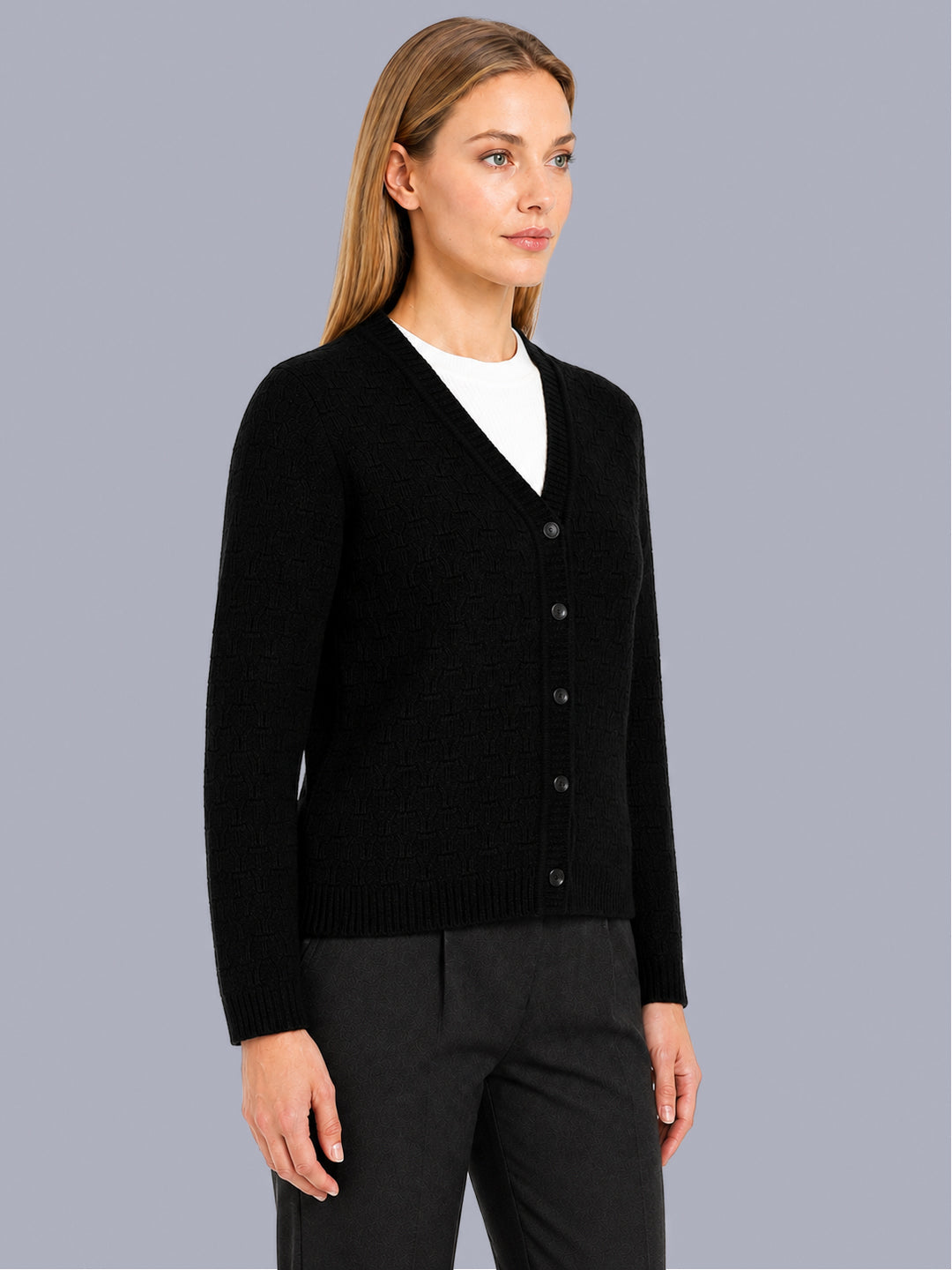 Women Black Self Design V Neck Full Sleeve Cardigan