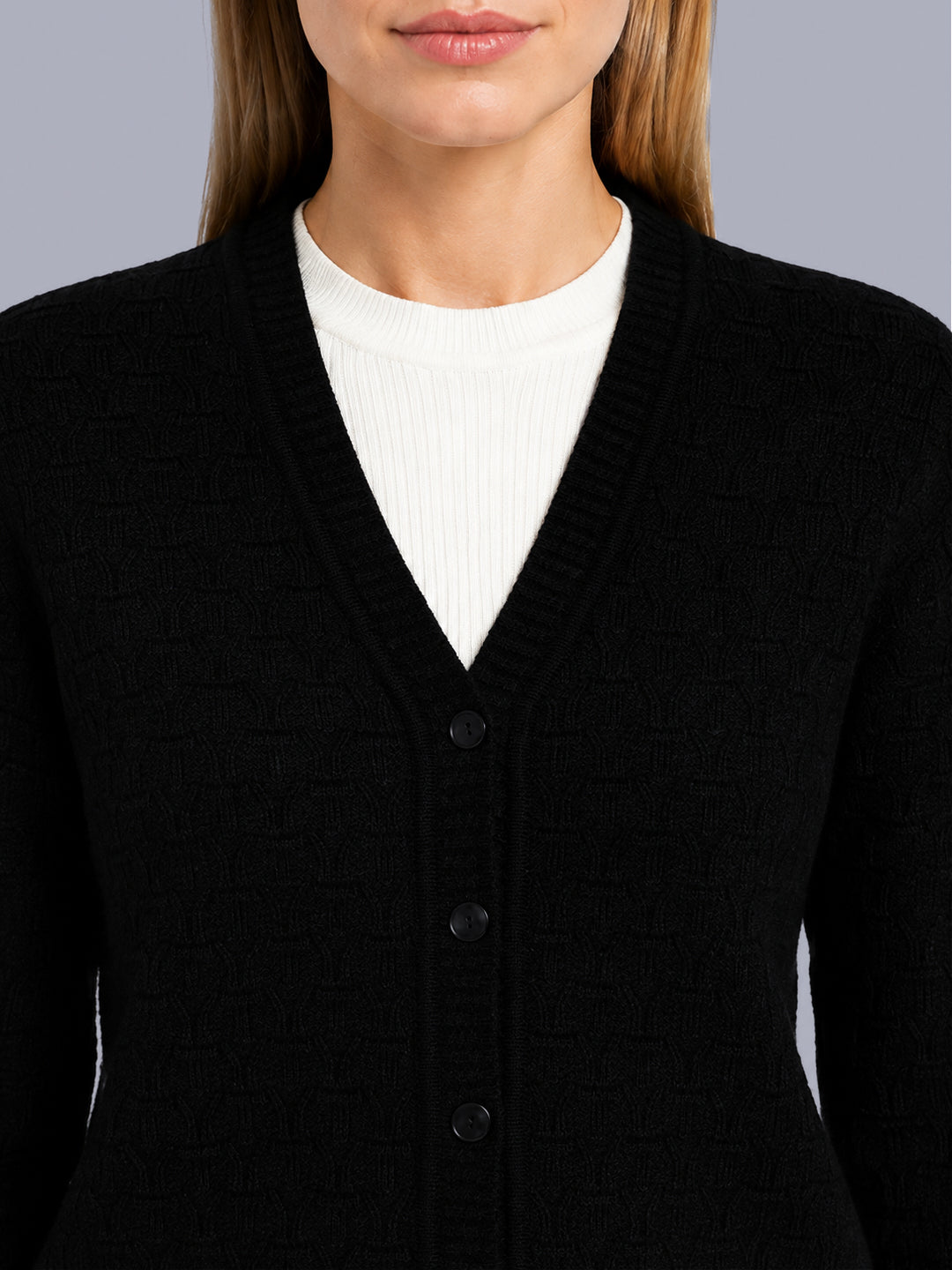 Women Black Self Design V Neck Full Sleeve Cardigan