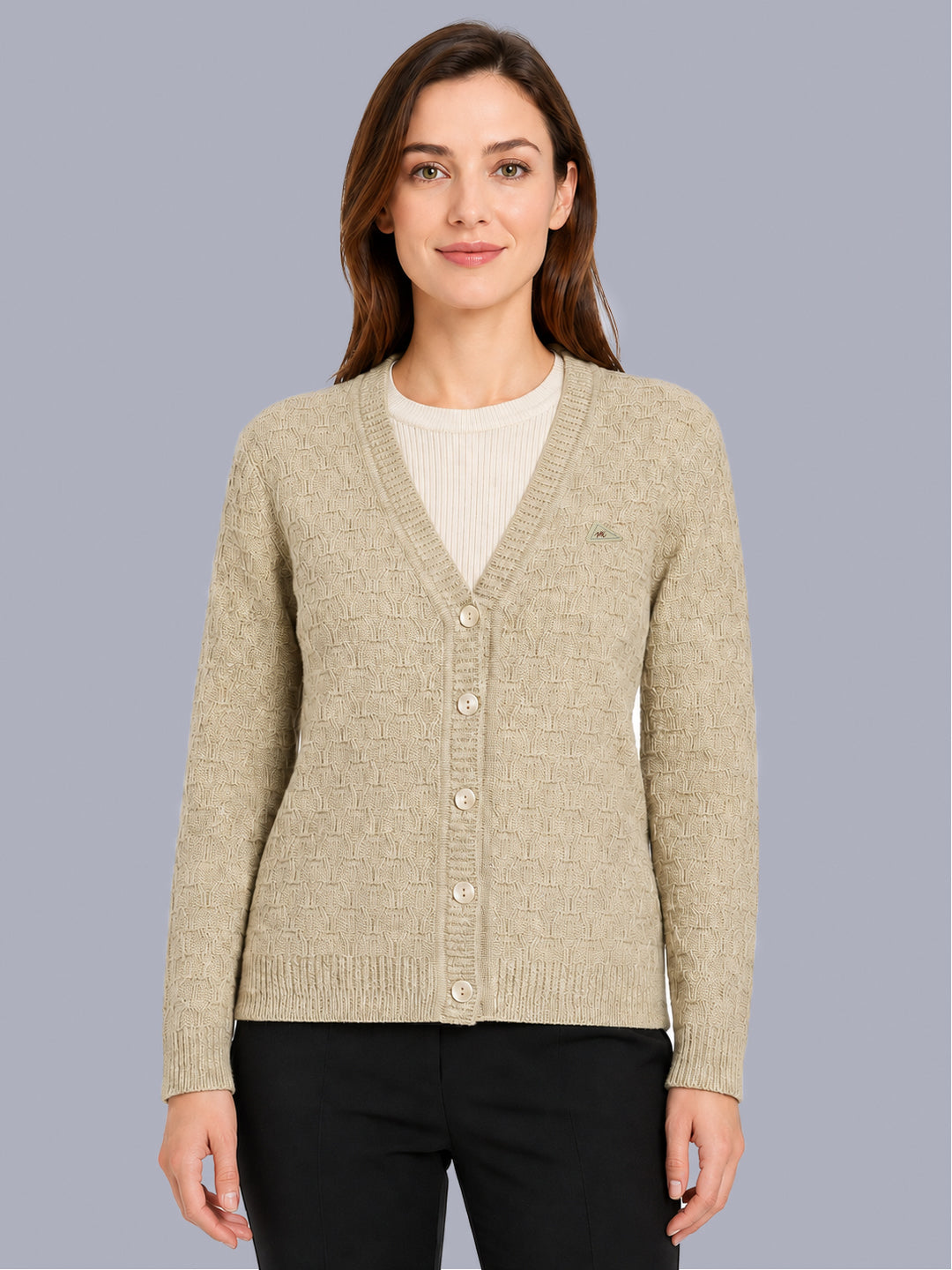 Women Camel Brown Self Design V Neck Full Sleeve Cardigan