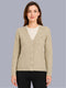 Women Camel Brown Self Design V Neck Full Sleeve Cardigan