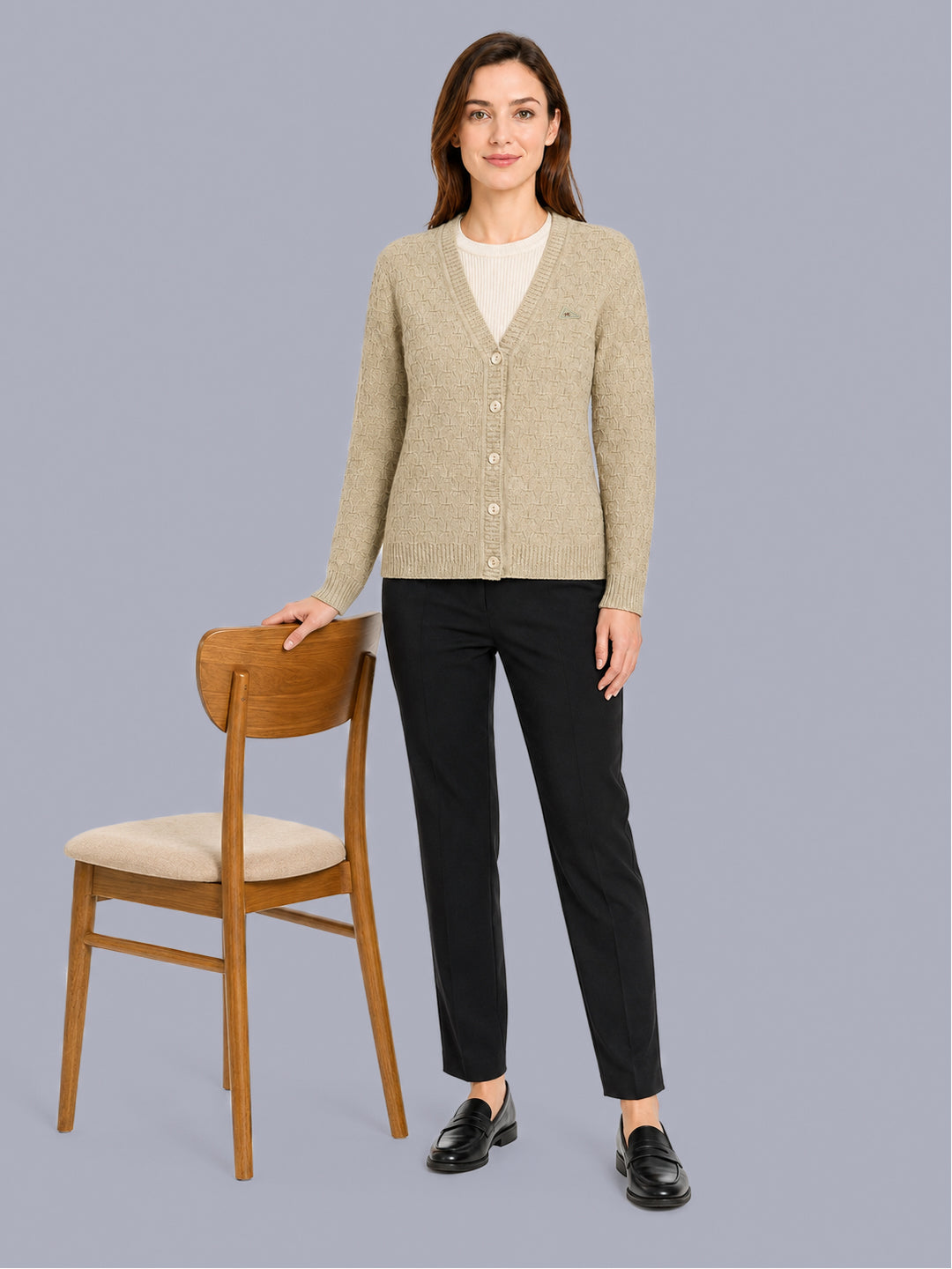 Women Camel Brown Self Design V Neck Full Sleeve Cardigan