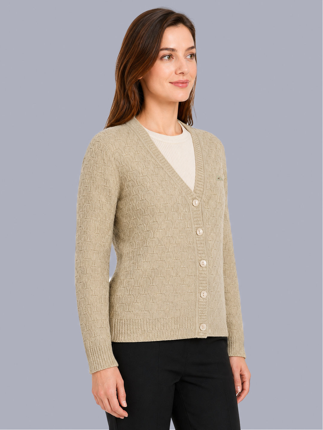 Women Camel Brown Self Design V Neck Full Sleeve Cardigan