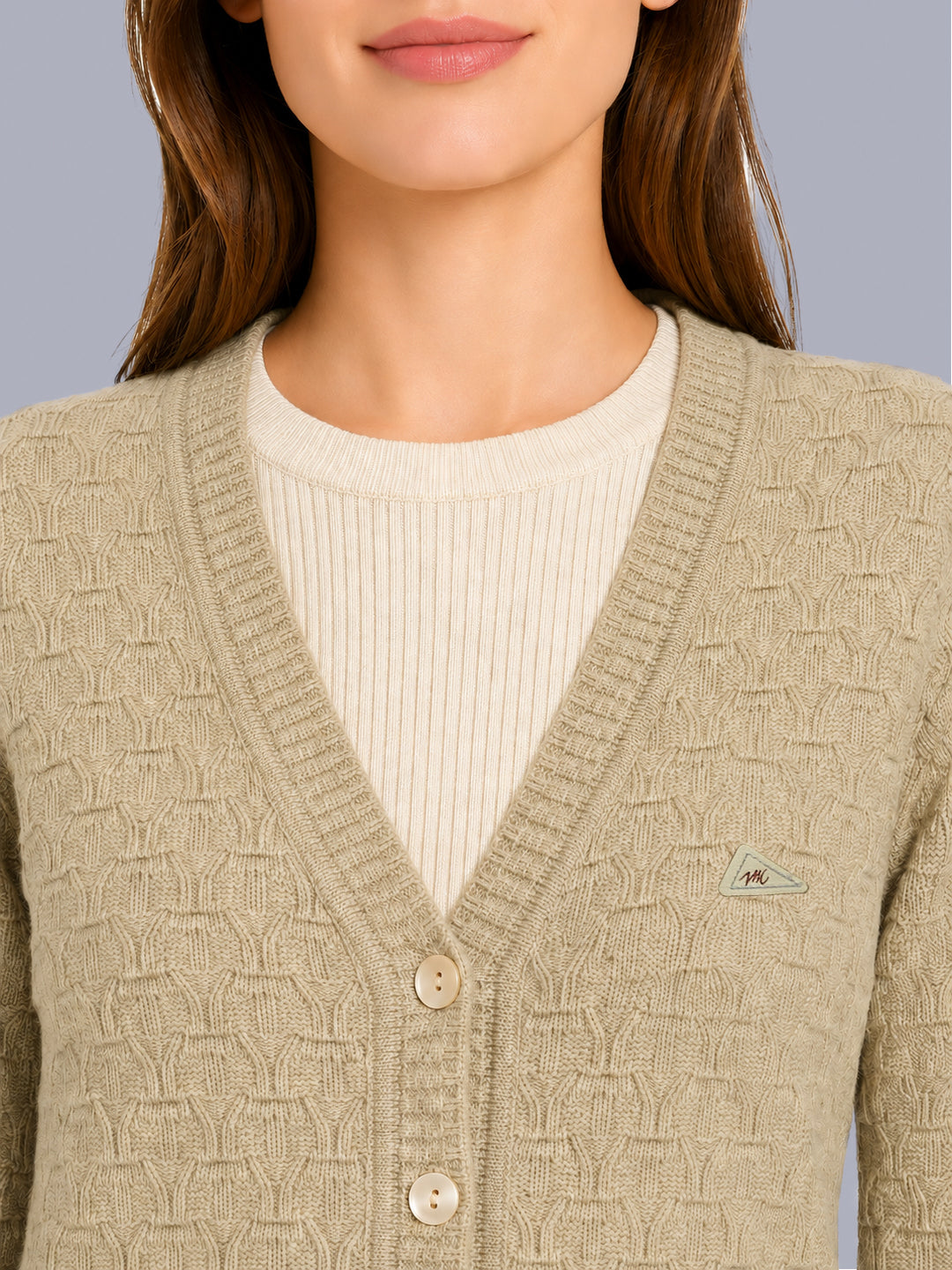 Women Camel Brown Self Design V Neck Full Sleeve Cardigan