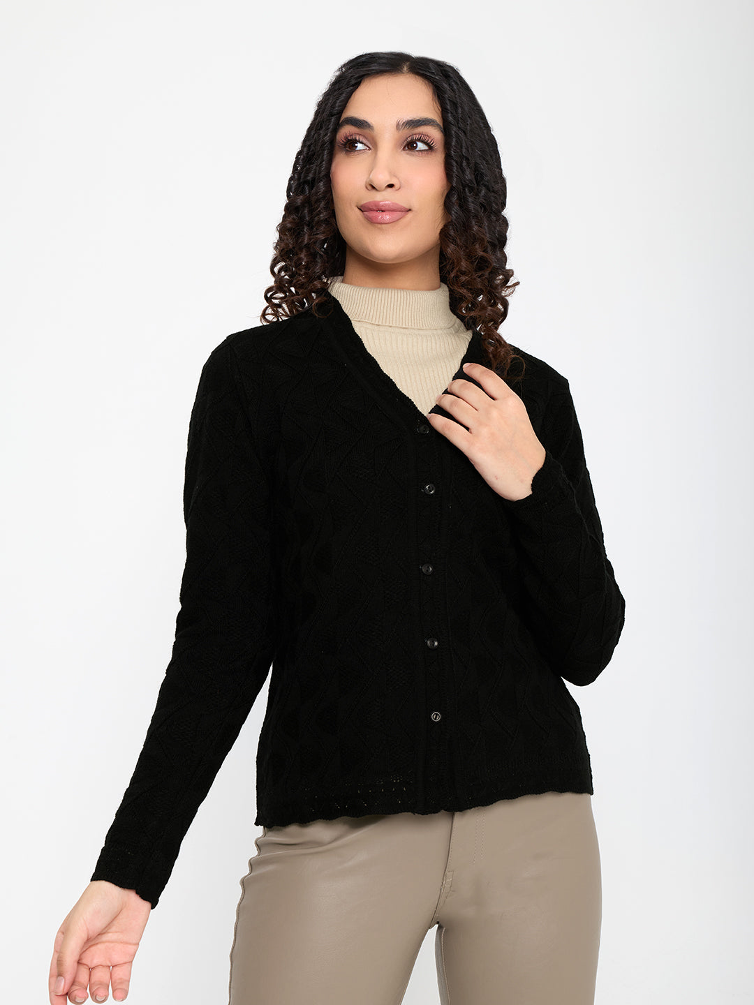 Women Black Self Design V Neck Full Sleeve Cardigan