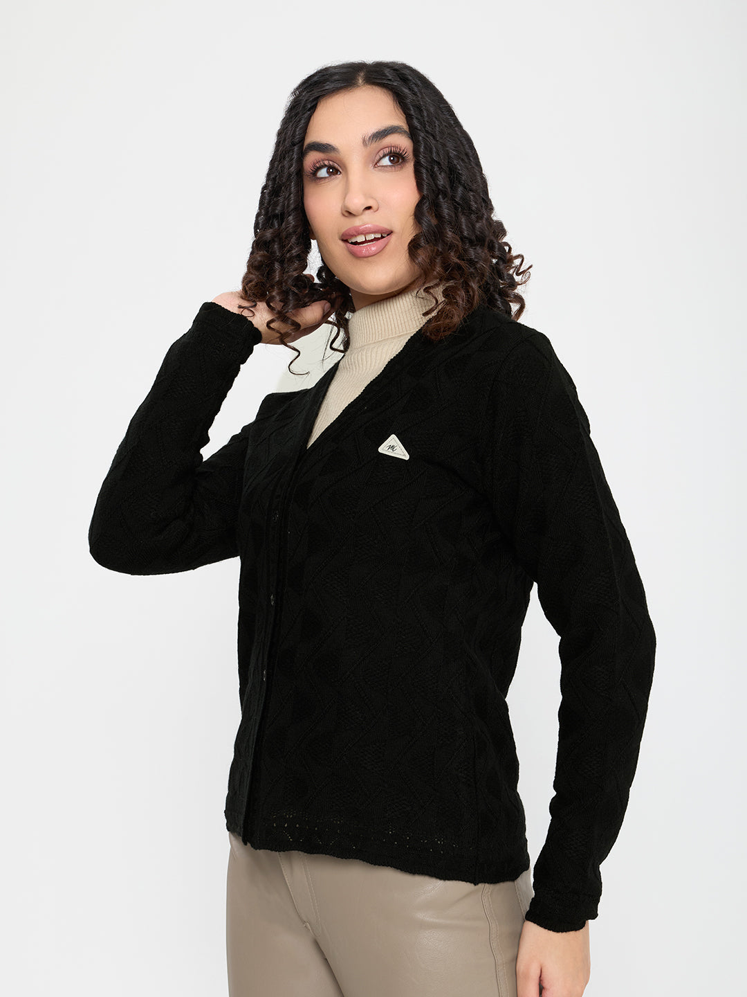 Women Black Self Design V Neck Full Sleeve Cardigan