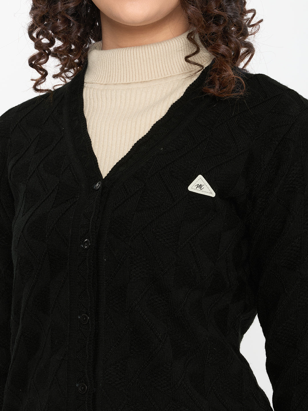 Women Black Self Design V Neck Full Sleeve Cardigan