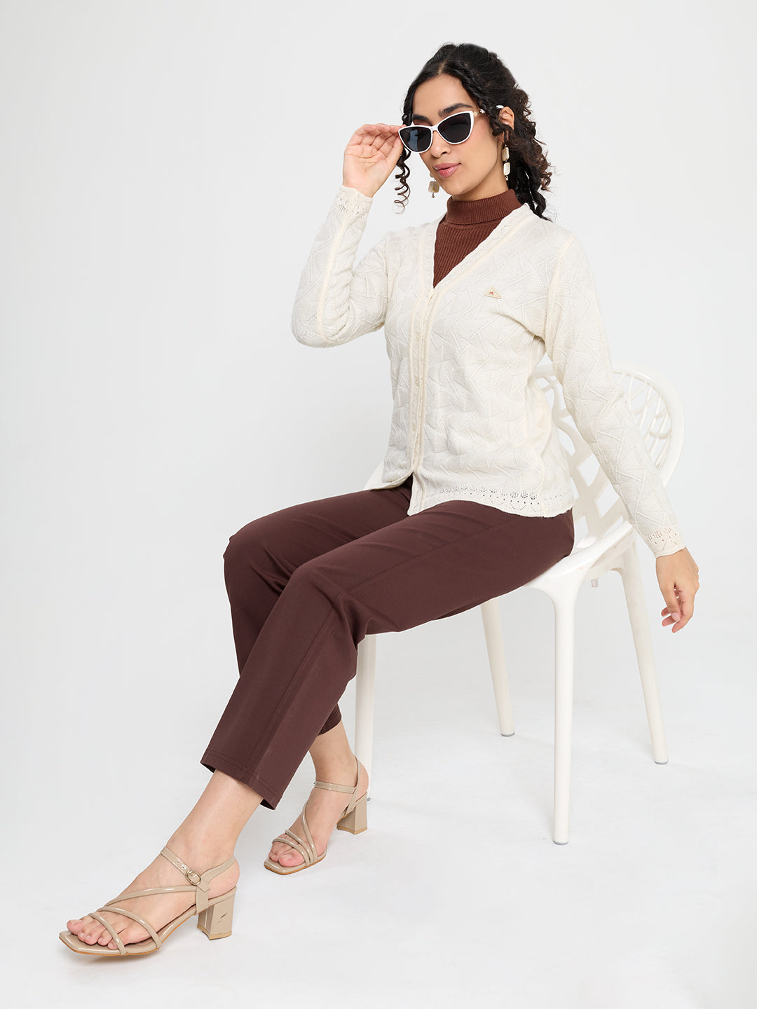 Women Cream Self Design V Neck Full Sleeve Cardigan