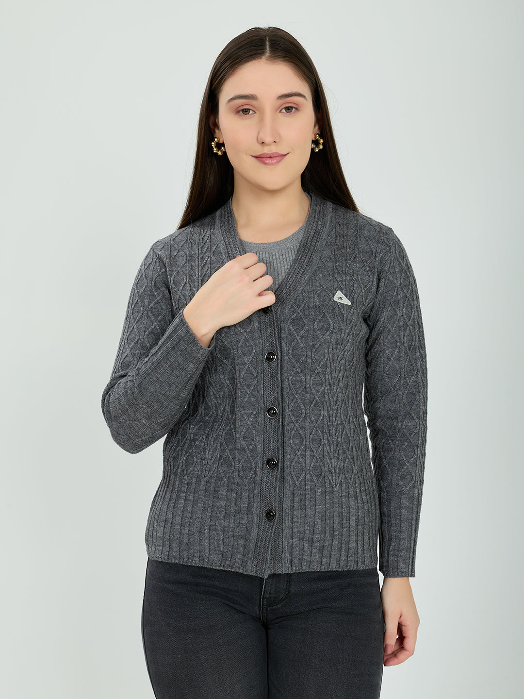 Women Grey Self Design V Neck Full Sleeve Cardigan