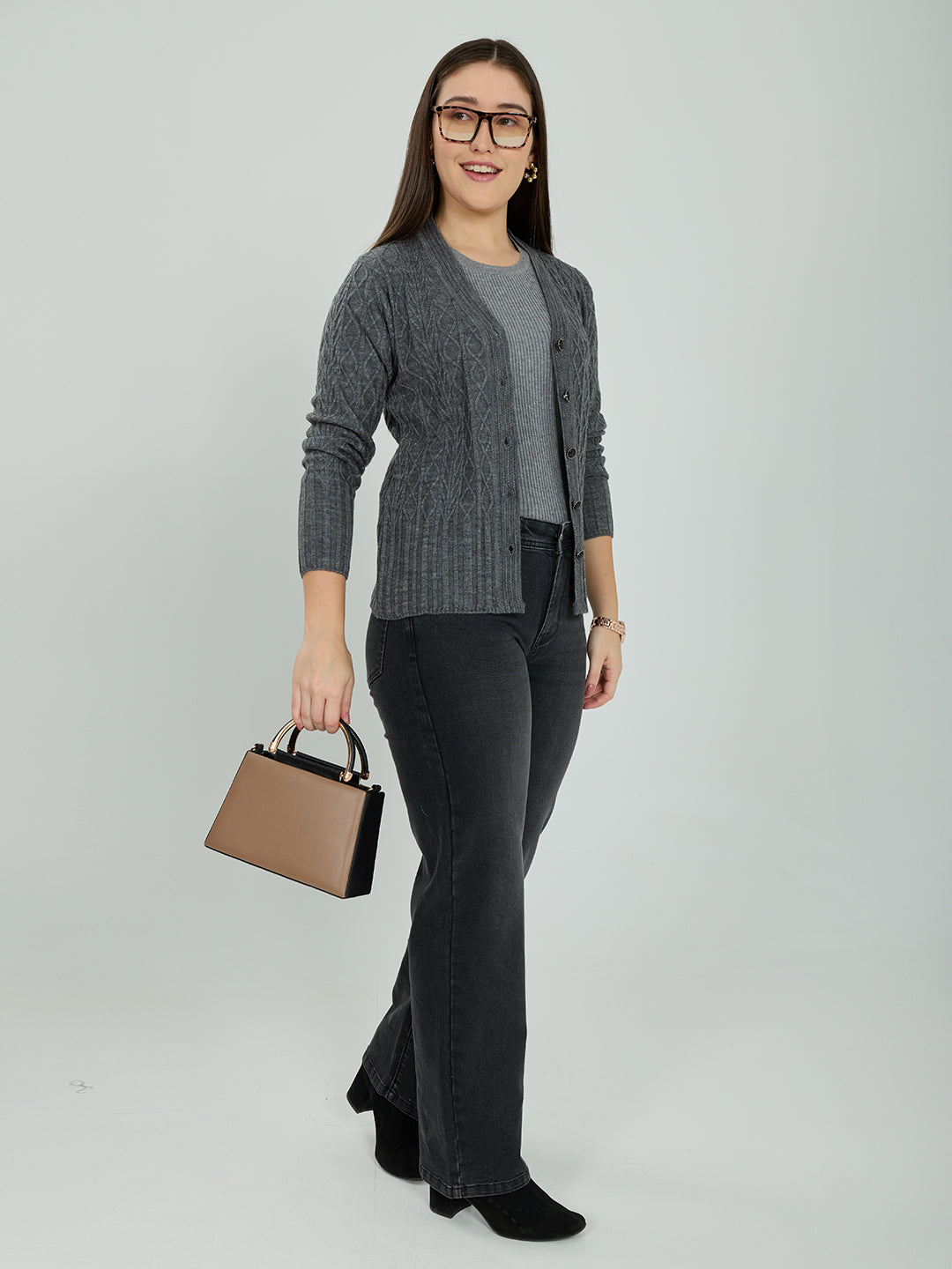 Women Grey Self Design V Neck Full Sleeve Cardigan