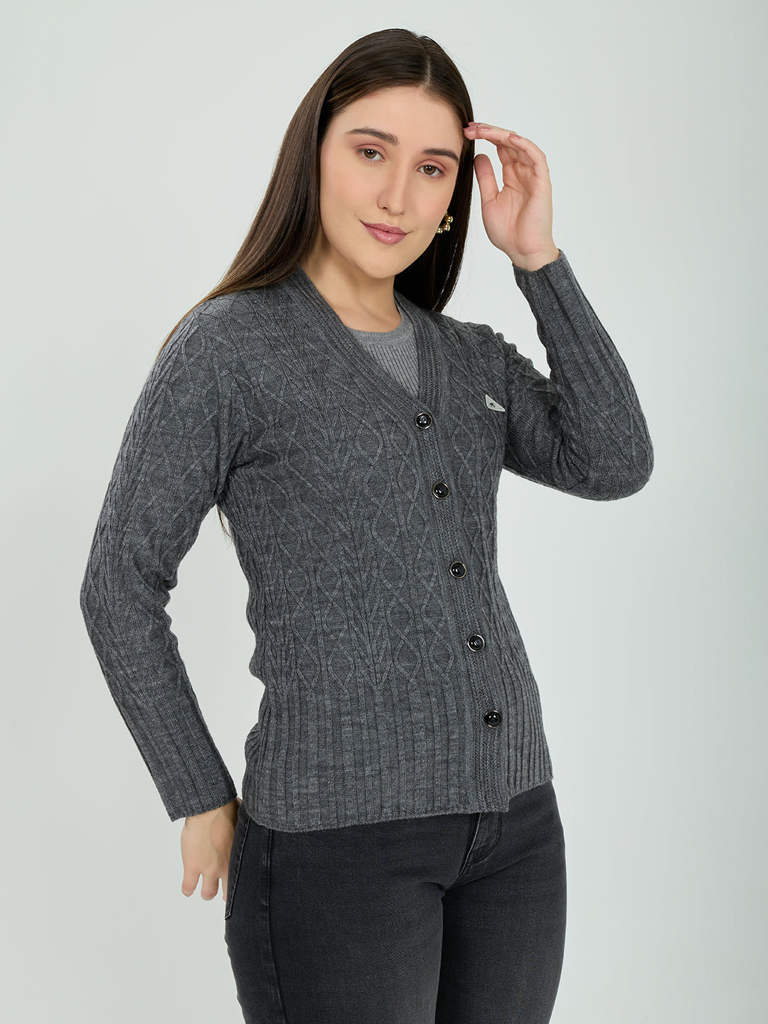 Women Grey Self Design V Neck Full Sleeve Cardigan