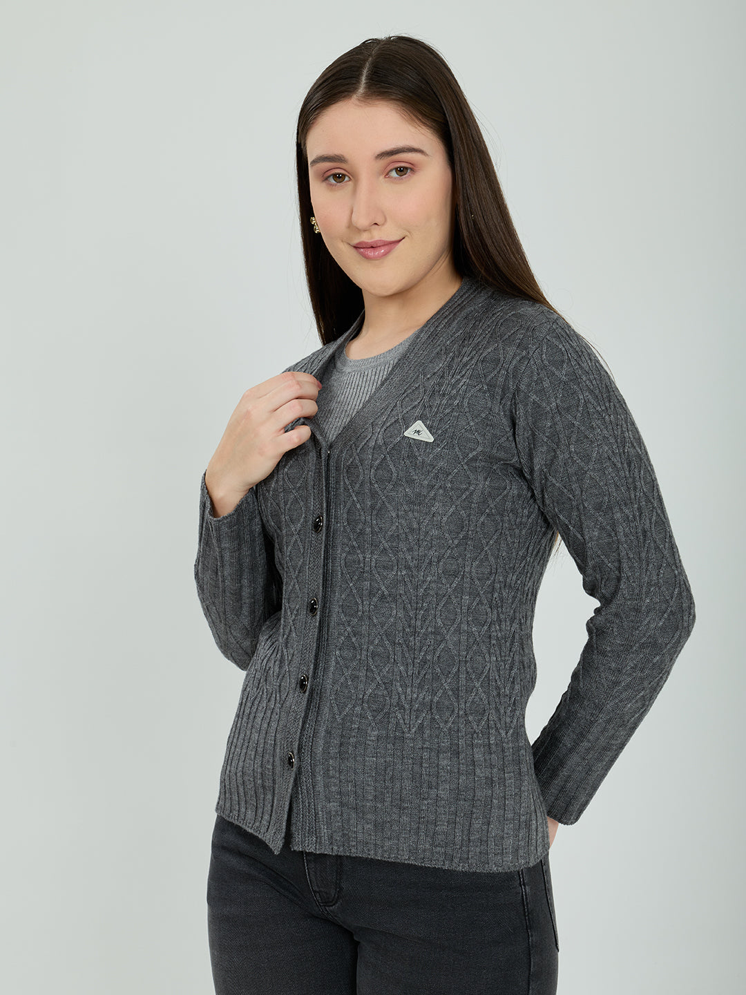Women Grey Self Design V Neck Full Sleeve Cardigan