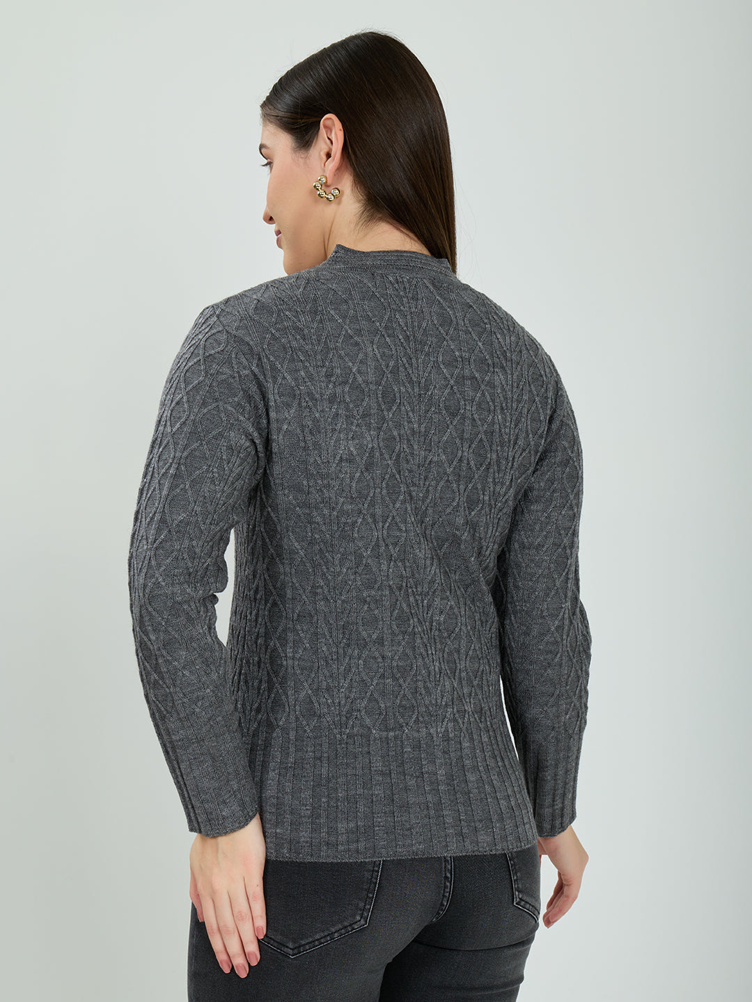 Women Grey Self Design V Neck Full Sleeve Cardigan