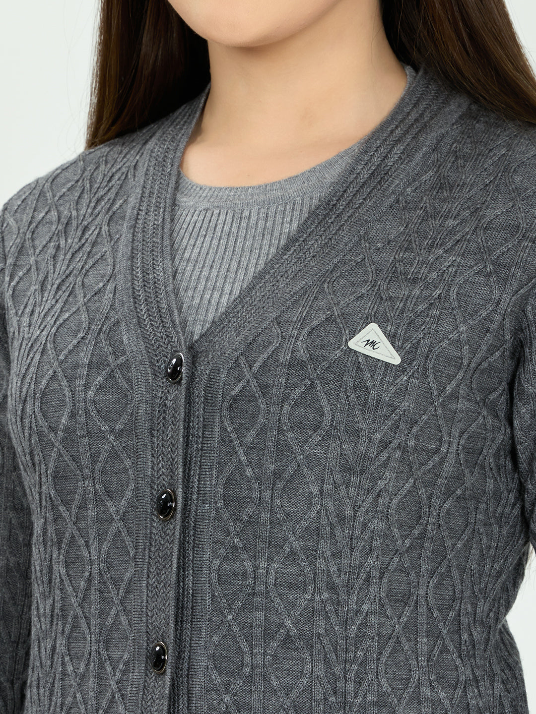 Women Grey Self Design V Neck Full Sleeve Cardigan