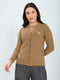 Women Camel Brown Self Design V Neck Full Sleeve Cardigan