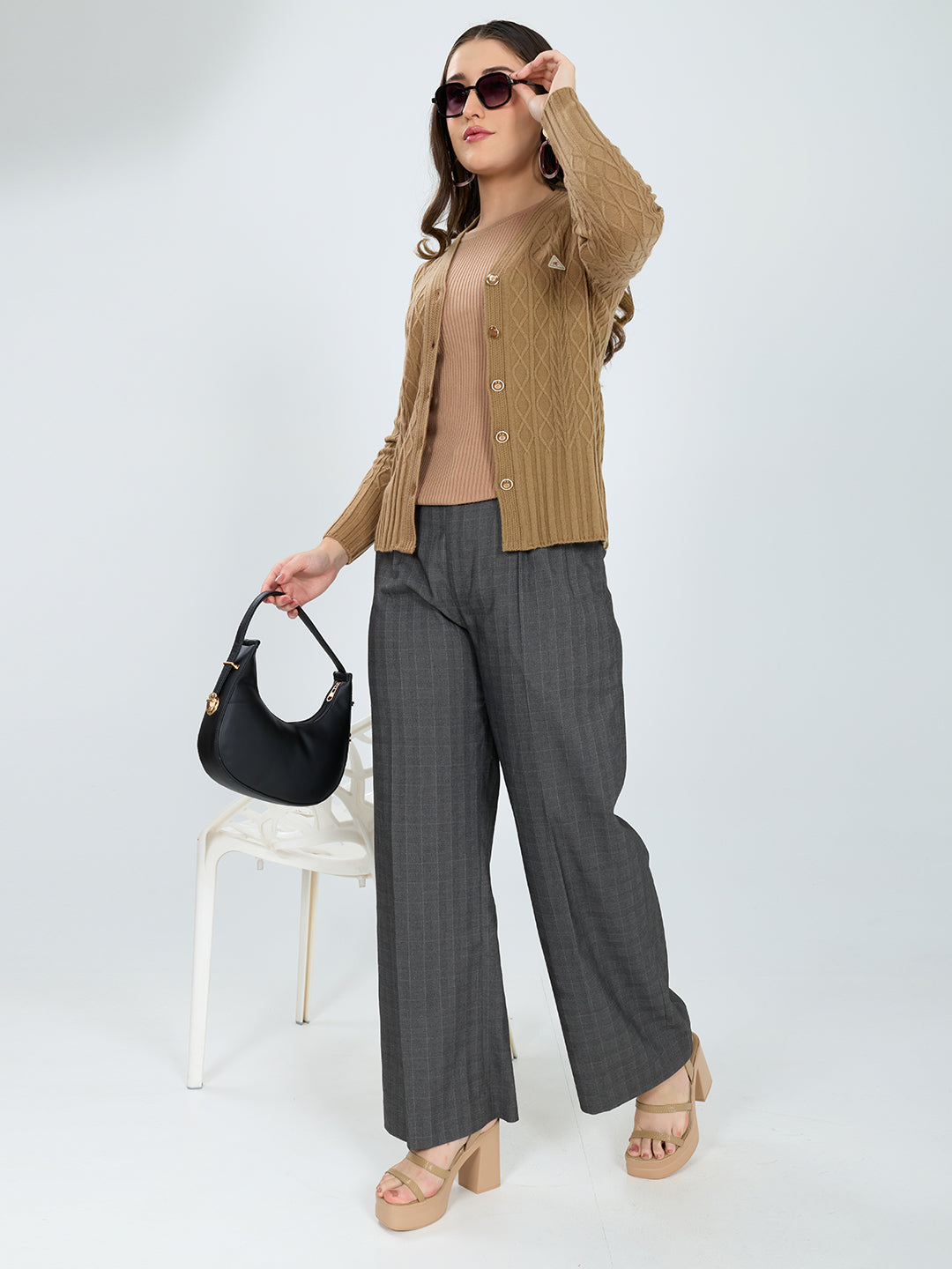 Women Camel Brown Self Design V Neck Full Sleeve Cardigan