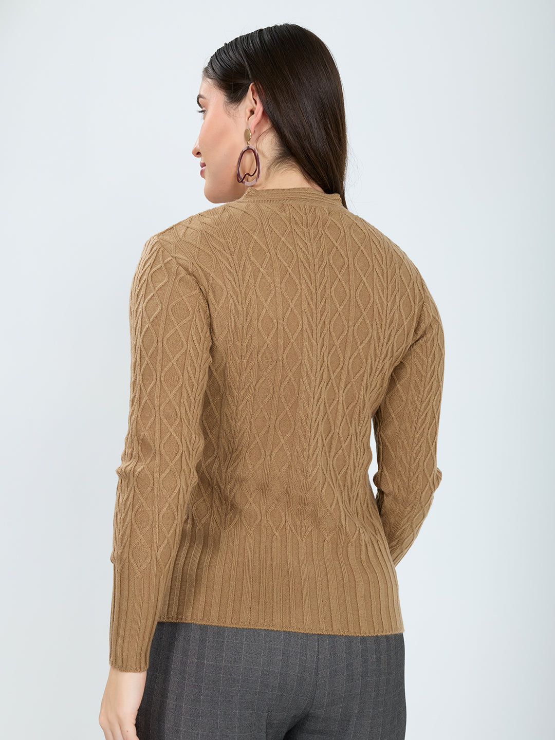 Women Camel Brown Self Design V Neck Full Sleeve Cardigan