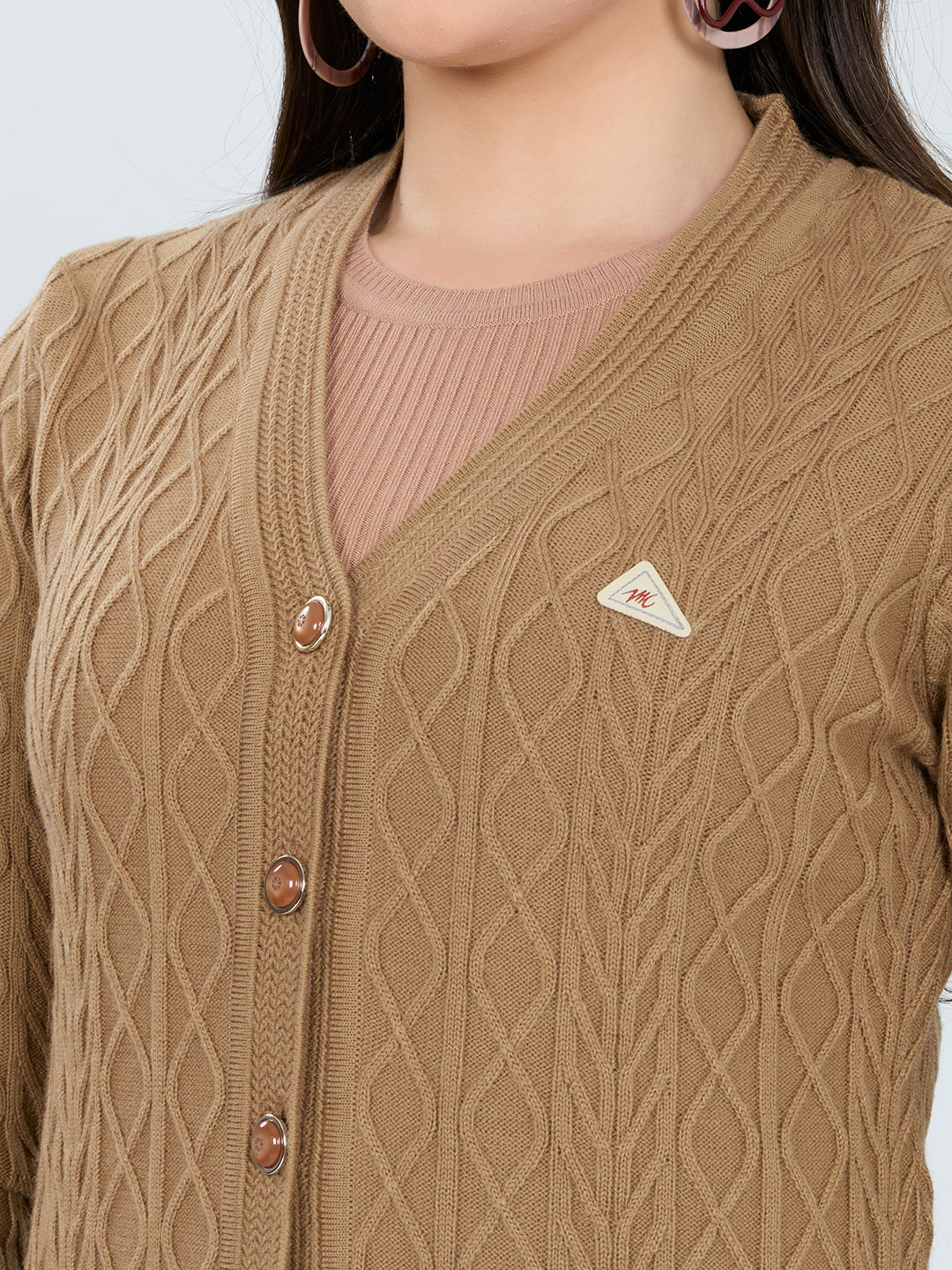 Women Camel Brown Self Design V Neck Full Sleeve Cardigan