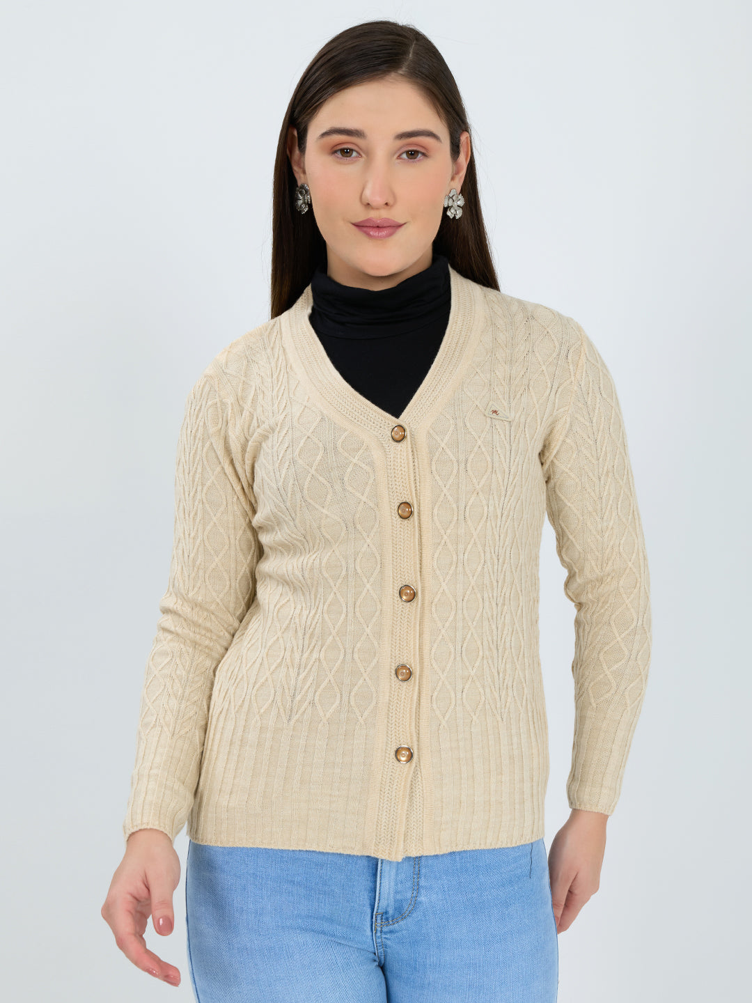 Women Beige Self Design V Neck Full Sleeve Cardigan