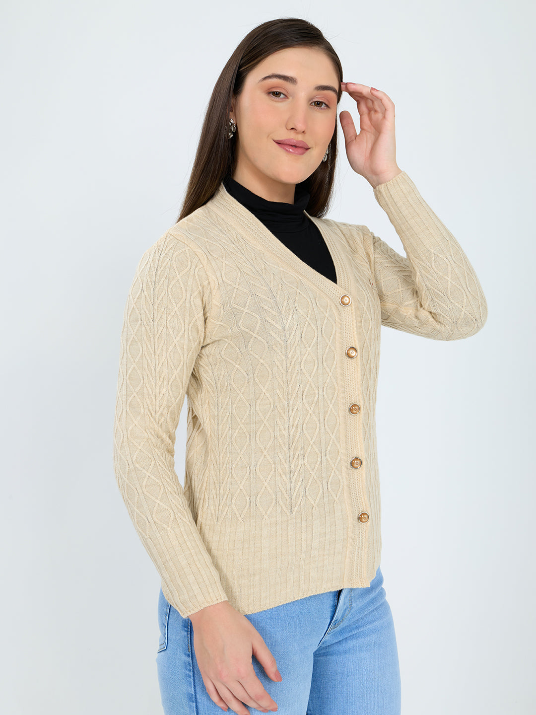 Women Beige Self Design V Neck Full Sleeve Cardigan